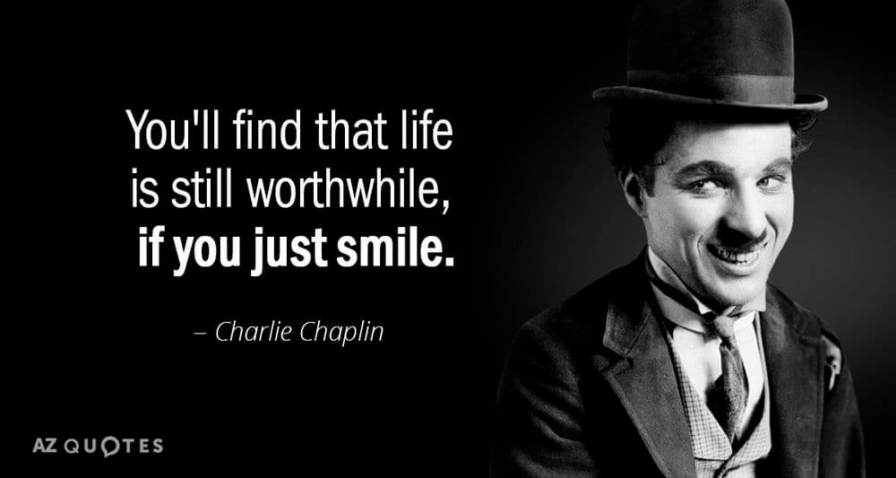 Charlie-Chaplin-Qeote-4 Black and white photograph of Charlie Chaplin smiling in his bowler hat with a quote of his.