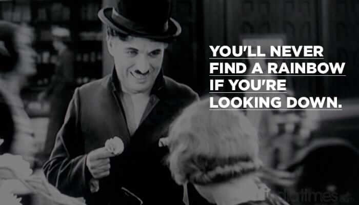 Charlie-Chaplin-Quote-3 Black and white phtograph of a smiling Charlie Chaplin with a quote.