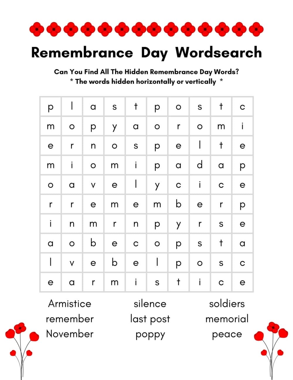 Free-Printable-Remembrance-Day-Wordsearch-For-Kids Free Remembrance Day Reflection Worksheet for kids, featuring poppy illustrations and a writing prompt about the significance of Remembrance Day. 🎖️