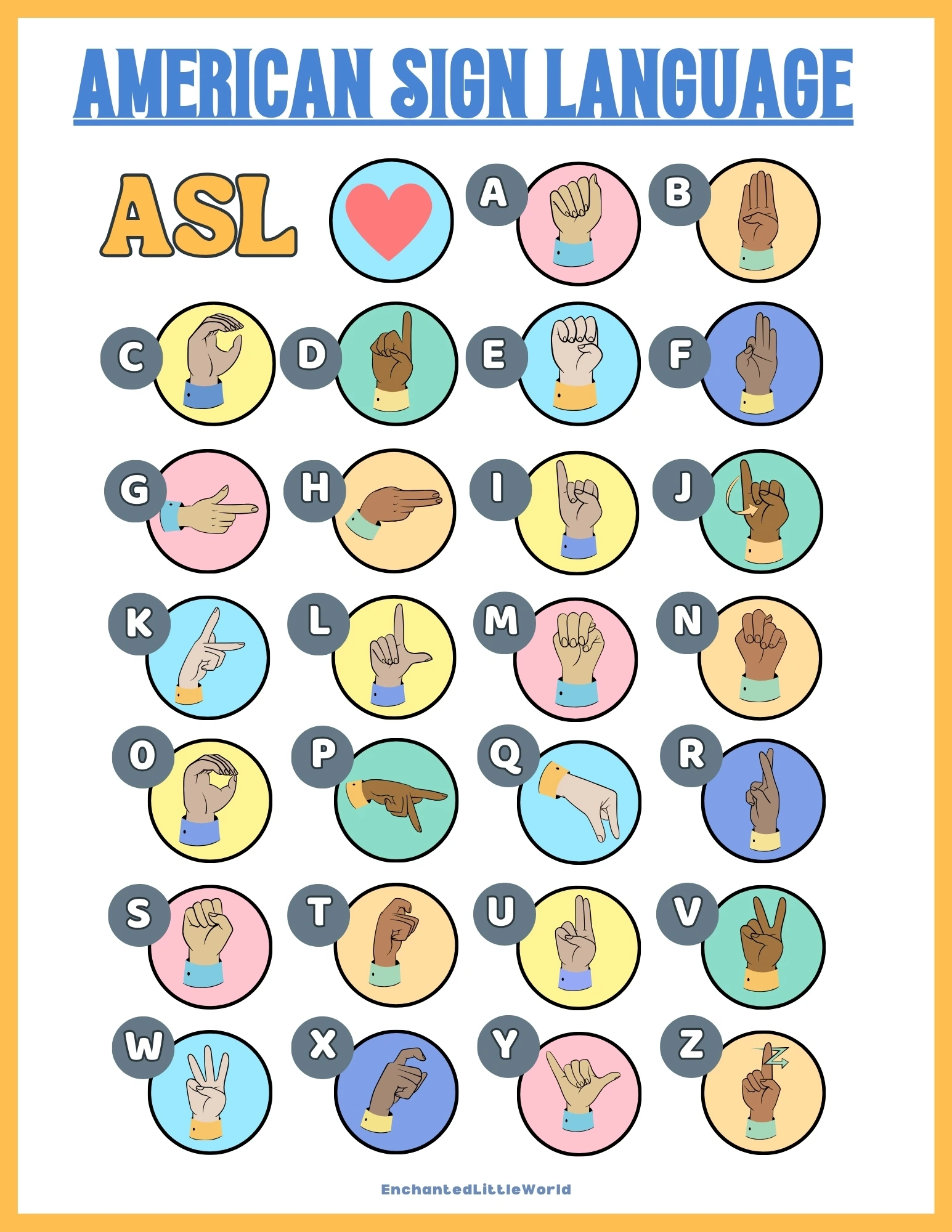 Free-Printable-ASL-Alphabet-Chart Colorful ASL Alphabet Chart with hand signs for each letter, designed for kids and classrooms. CAPTION: Free Printable ASL Alphabet Chart - A fun teacher resource for learning sign