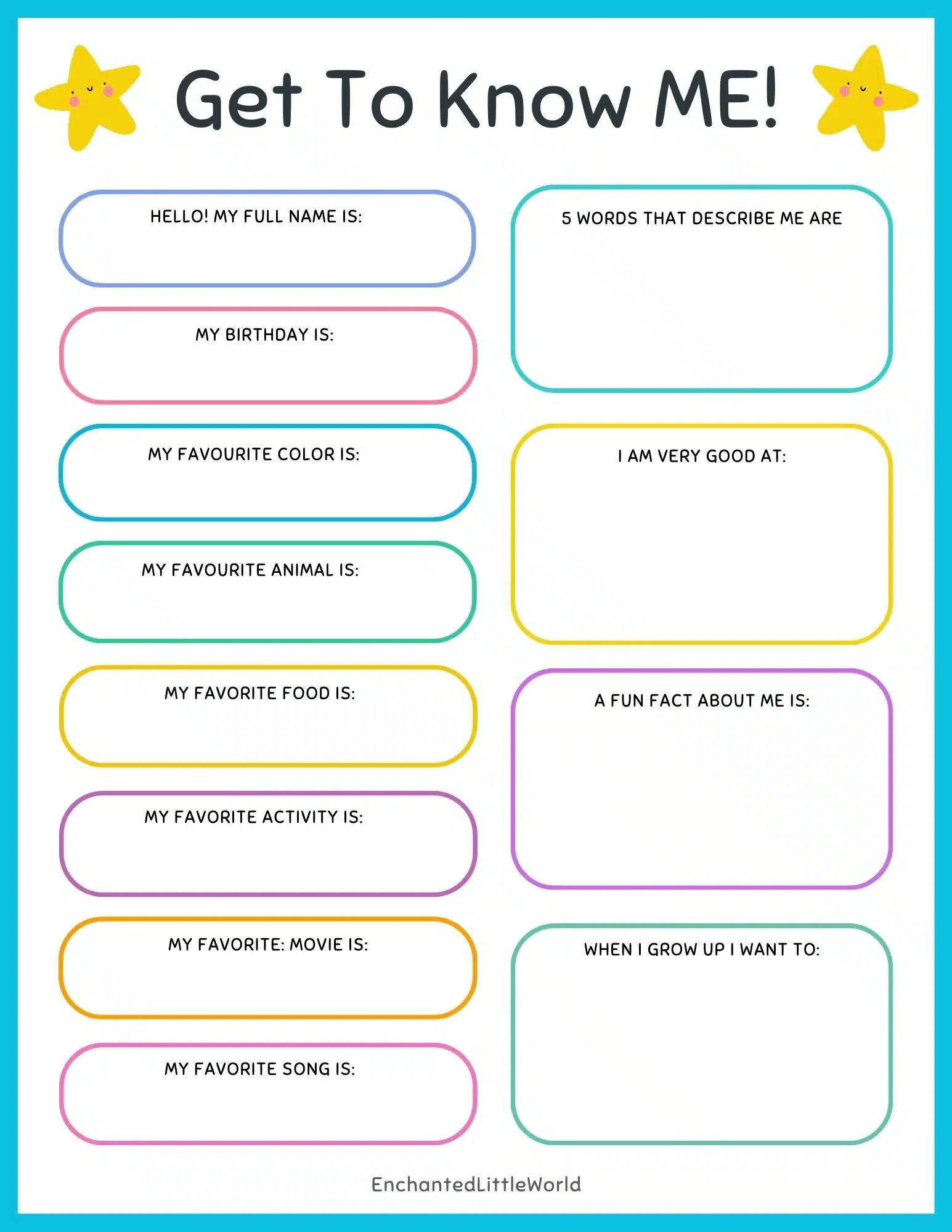 Free-Printable-All-About-Me-Kids-Questions A colorful All About Me Worksheet for kids featuring bright sections outlined in blue, pink, yellow, and green. The worksheet includes fun prompts like "My Favorite Color," "A Fun Fact About Me," and "When I Grow Up I Want To" with playful star illustrations at the top.