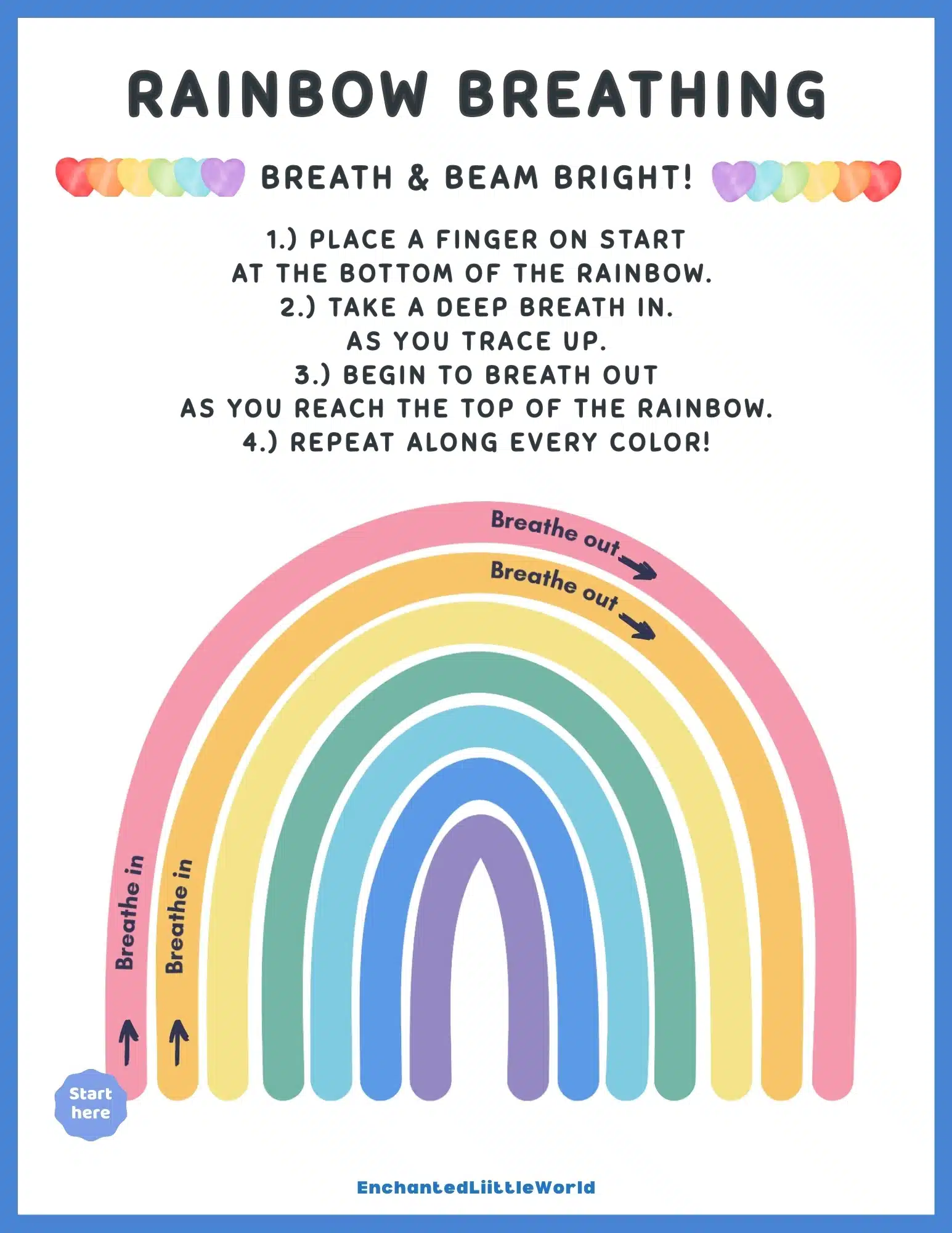 Free-Printable-Rainbow-Breathing-Exercise-For-Kids A colorful mindfulness printable featuring a happy sunflower and a Flower Breath exercise chart, showing kids how to breathe deeply and relax like a bumblebee resting on a petal.