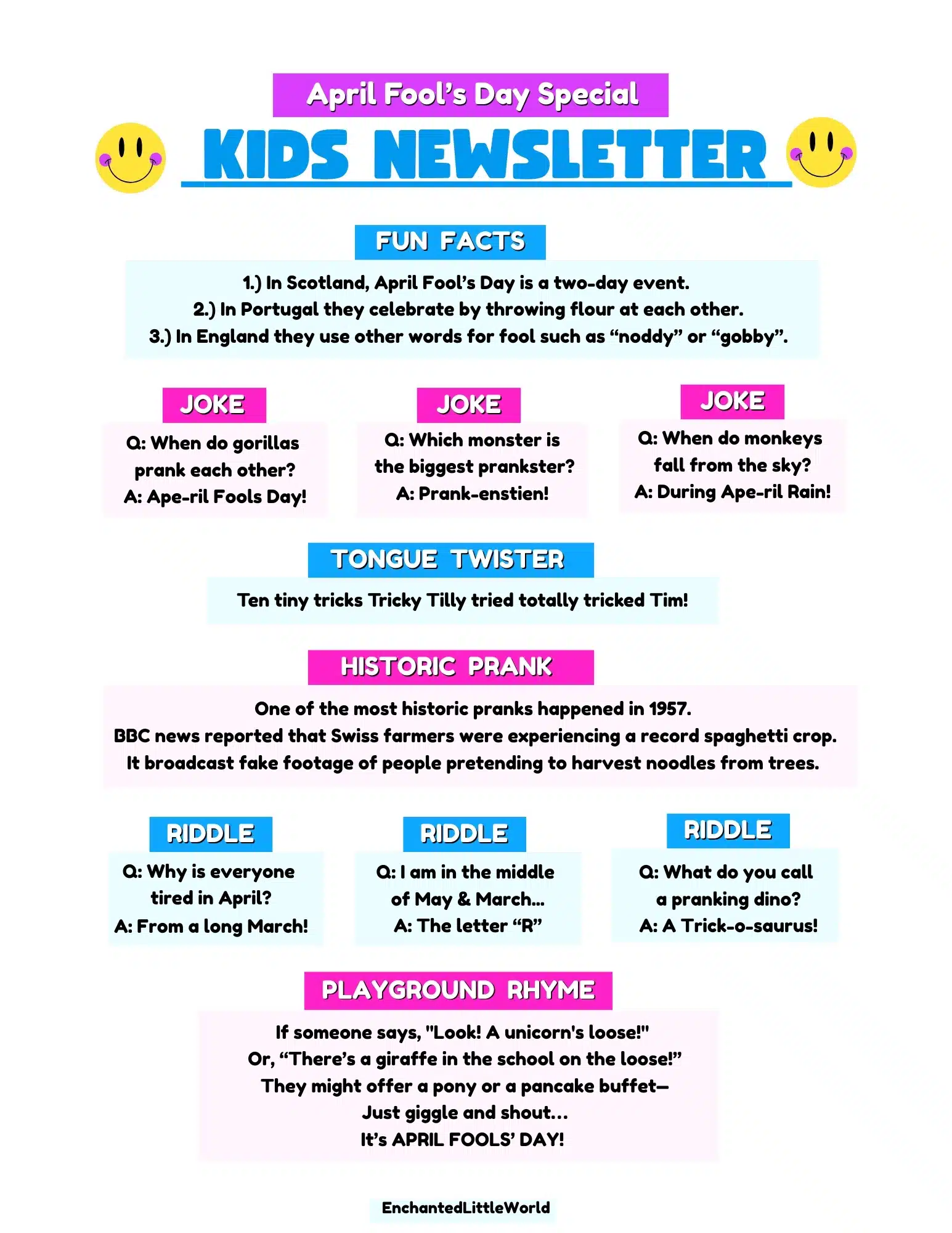 April-Fools-Day-Kids-Free-Printable vertical April Fool’s Day kids printable newsletter with jokes, riddles, fun facts, and a tongue twister on bright white background
