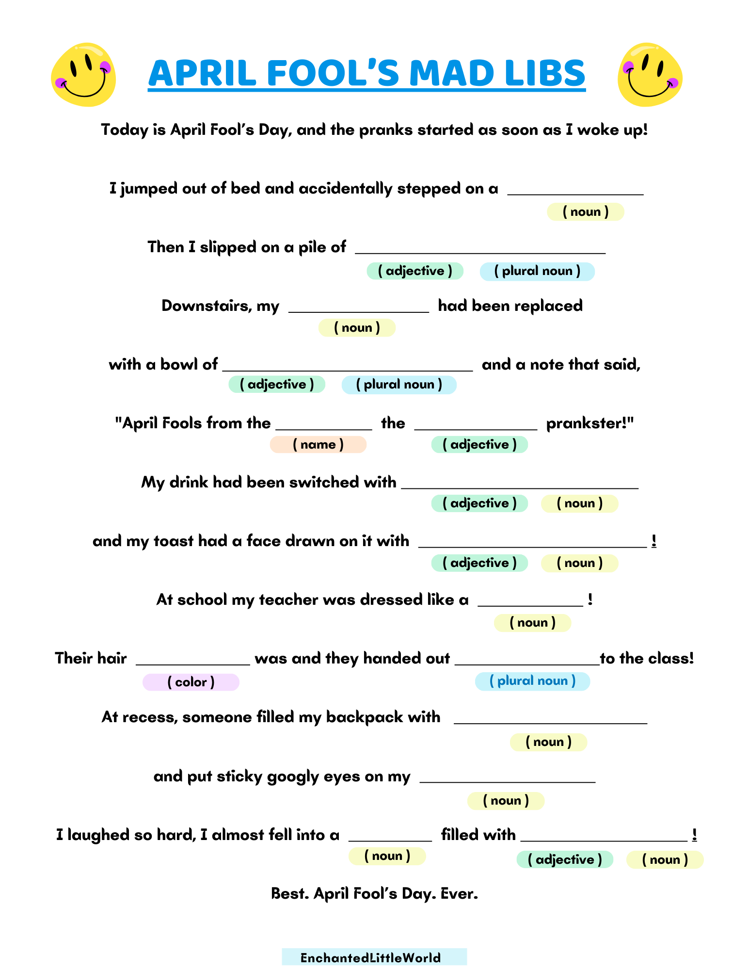 Free-Printable-April-Fools-Day-Mad-Libs-For-Kids Full-page printable titled April Fool’s Mad Libs with fill-in-the-blank sentences and colorful parts of speech labels for kids