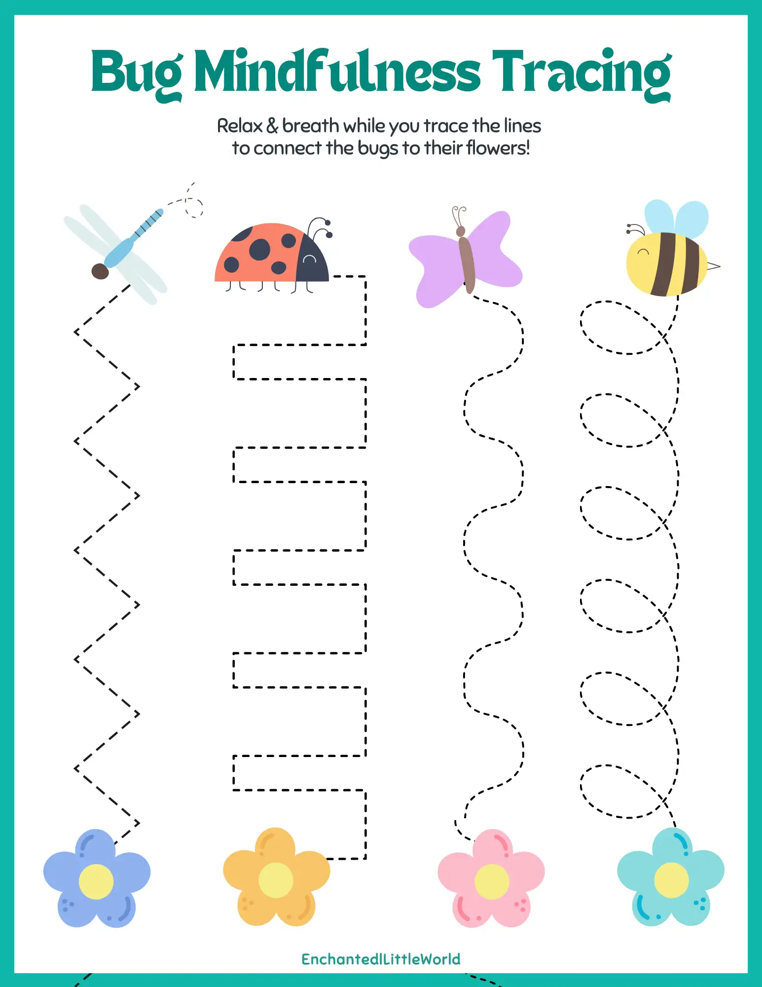 Free-Printable-Bug-Mindfulness-Tracing-For-Kids A colorful mindfulness tracing worksheet featuring a dragonfly, ladybug, butterfly, and bee with dotted paths leading to flowers.<br />
CAPTION: Help little ones relax and focus with this Free Printable Bug Finger Tracing activity!