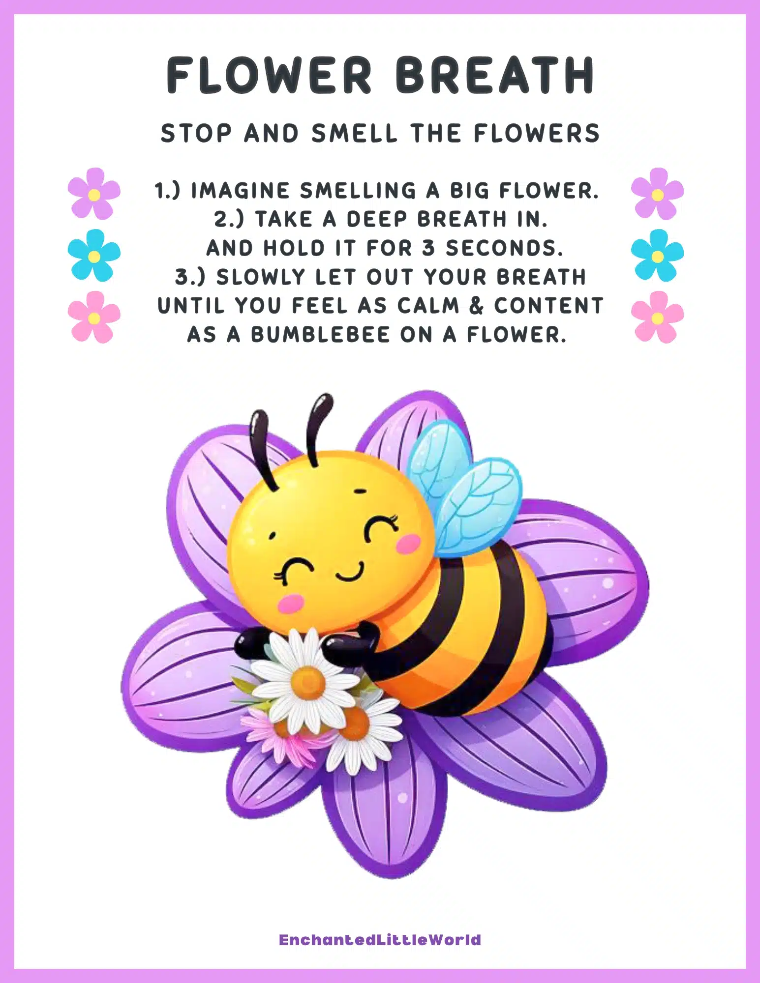 Free-Printable-Flower-Breath-Exercise-For-Kids A colorful mindfulness printable featuring a happy sunflower and a Flower Breath exercise chart, showing kids how to breathe deeply and relax like a bumblebee resting on a petal.