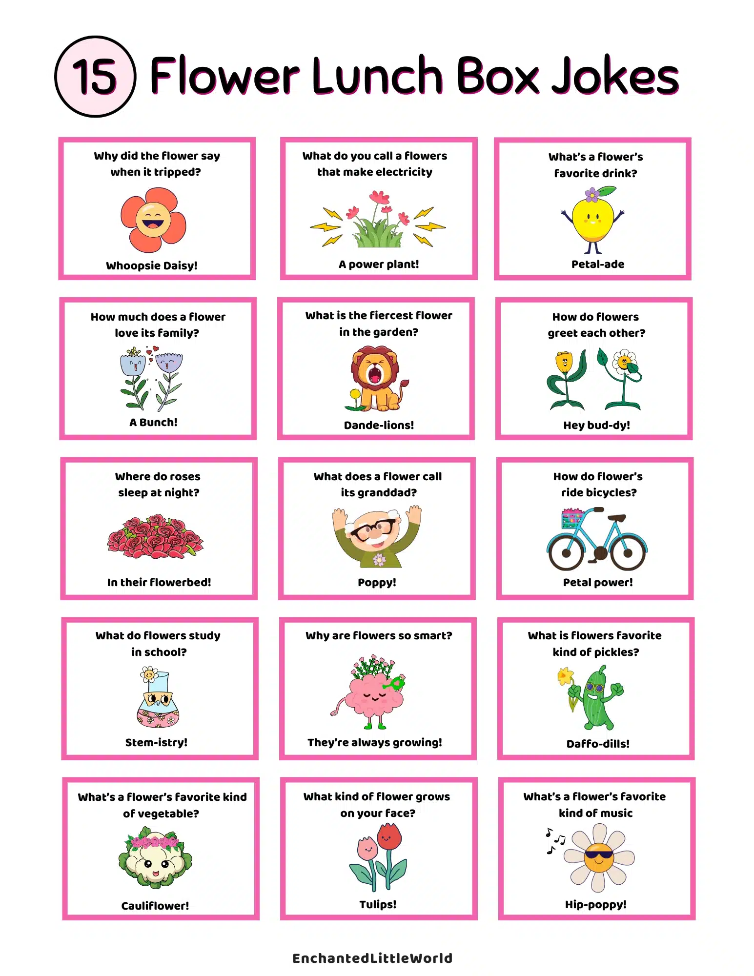 Free-Printable-Lunch-Box-Jokes-For-Kids-Flower-Themed Free printable sheet of 15 illustrated flower jokes for kids featuring colorful puns and happy flower characters in a fun lunchbox format
