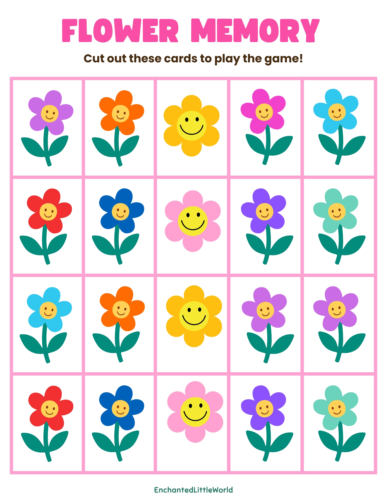 Free-Printable-Memory-Game-For-Kids-Spring-Flower Colorful printable flower memory game layout with smiling red, pink, blue, purple, yellow, orange, and teal flowers in neat card grid<br />
