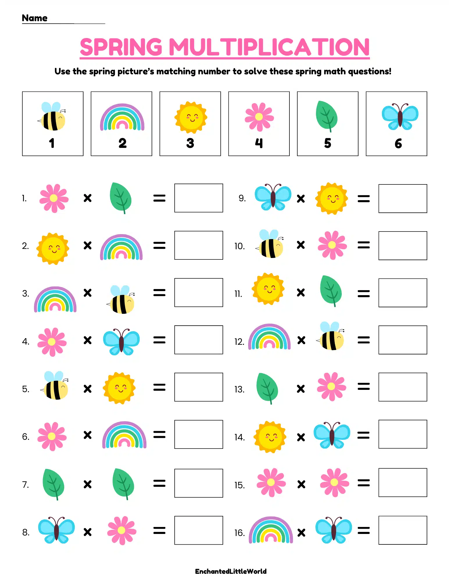 Free-Printable-Multiplication-Spring-Worksheet-For-Kids A joyful and colorful Spring Multiplication worksheet for kids, featuring cheerful illustrations of bees, rainbows, flowers, and butterflies. This fun worksheet has multiplication problems paired with matching spring-themed images and spaces to fill in answers.