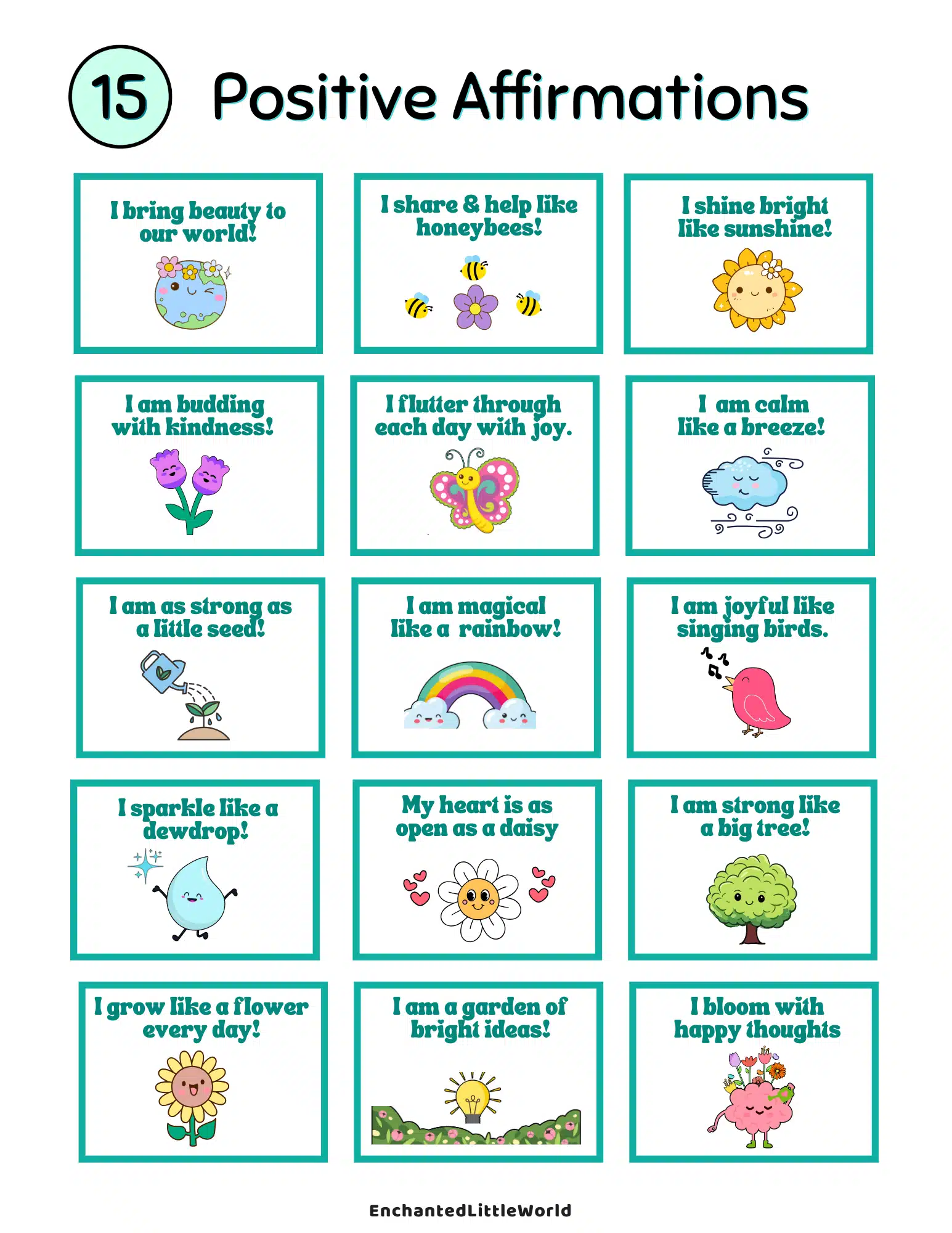Free-Printable-Positive-Affirmations-Lunch-Box-Notes-For-Kids 15 bright and colorful positive affirmation cards for kids featuring spring-themed illustrations like flowers, bees, and rainbows