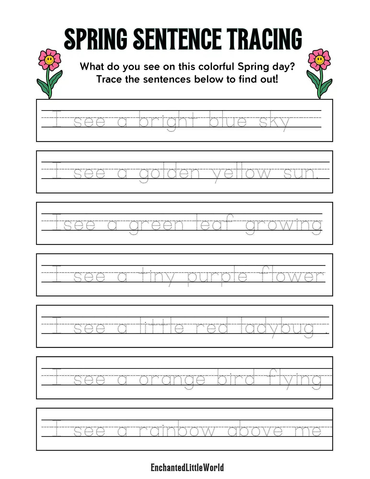 Free-Printable-Sentence-Tracing-Spring-Worksheet : A colorful Spring sentence tracing worksheet for kids featuring sentences to trace about a bright spring day, including words like "bright blue sky" and "yellow sun."