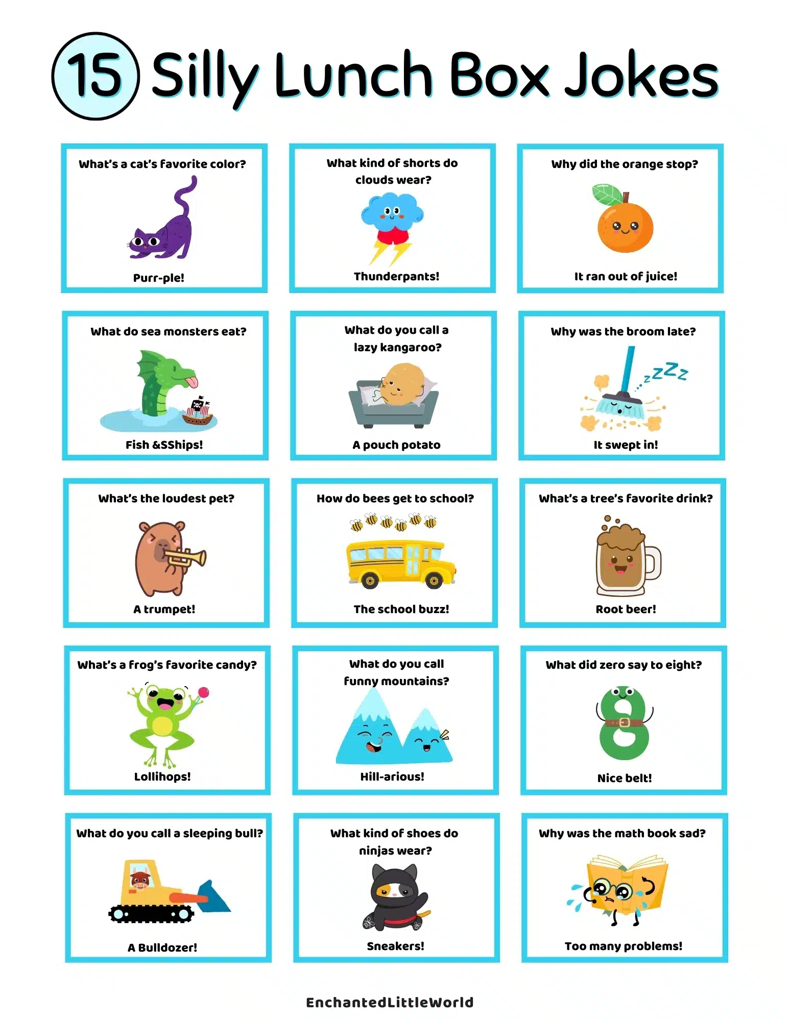 Free-Printable-Silly-Lunchbox-Jokes-For-Kids bright and colorful lunchbox joke printable featuring fun, silly jokes for kids, displayed with playful illustrations of animals, objects, and funny expressions.