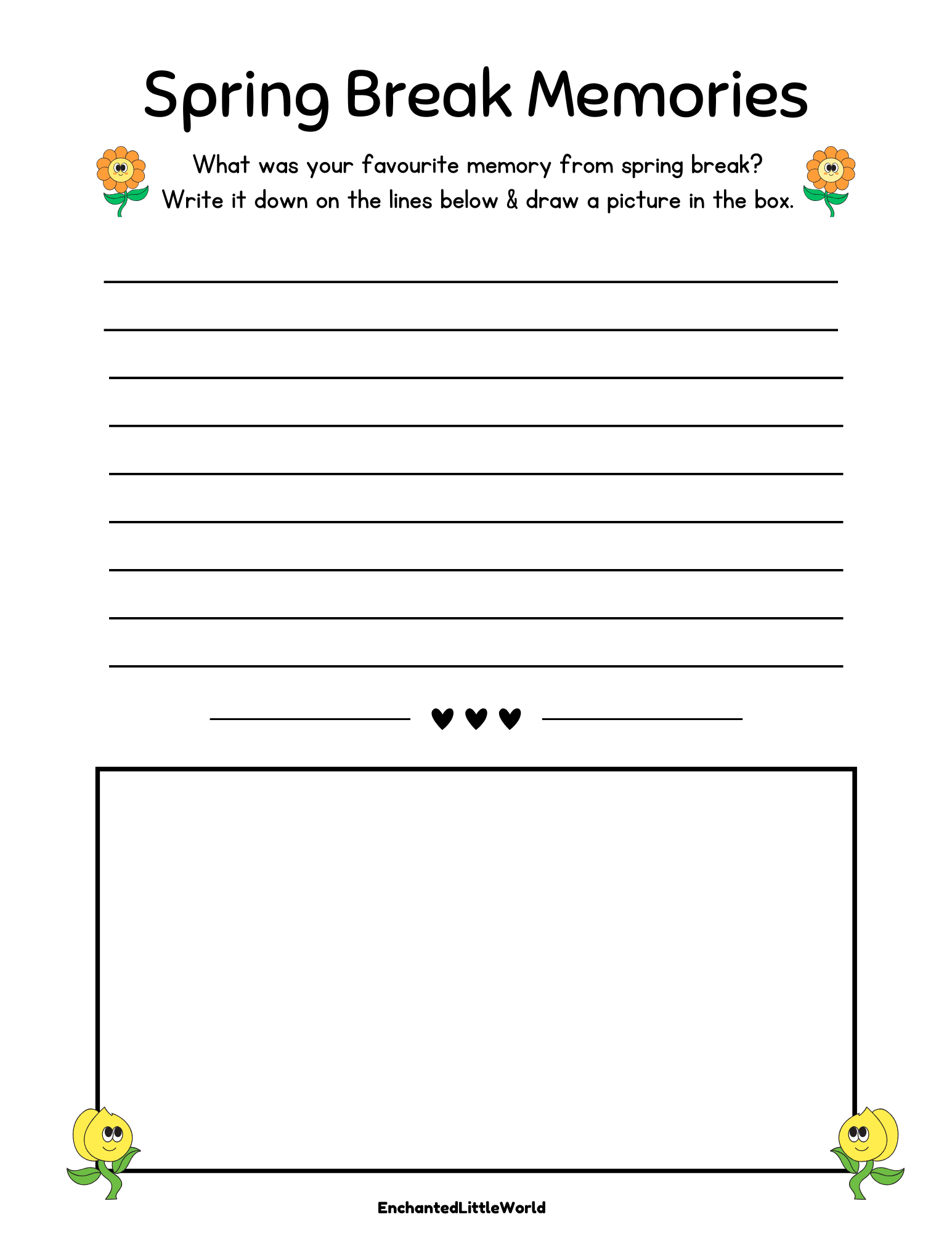 Free-Printable-Spring-Break-Worksheet-For-Kids printable Spring Break memory worksheet for kids with lines for writing and a large drawing box featuring cute spring flowers