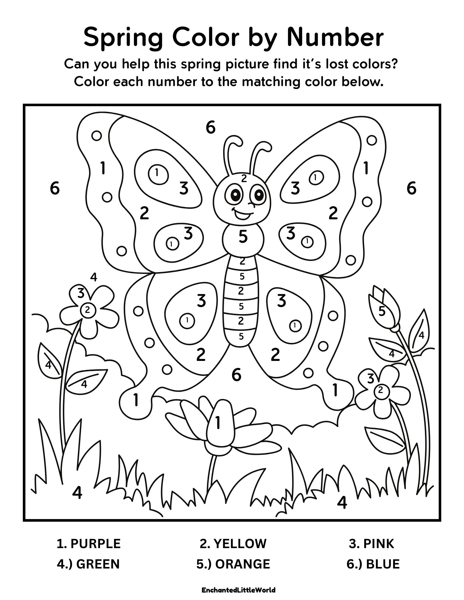 Free-Printable-Spring-Color-By-Number printable Spring butterfly color by number worksheet in black and white with numbered sections and color key at the bottom