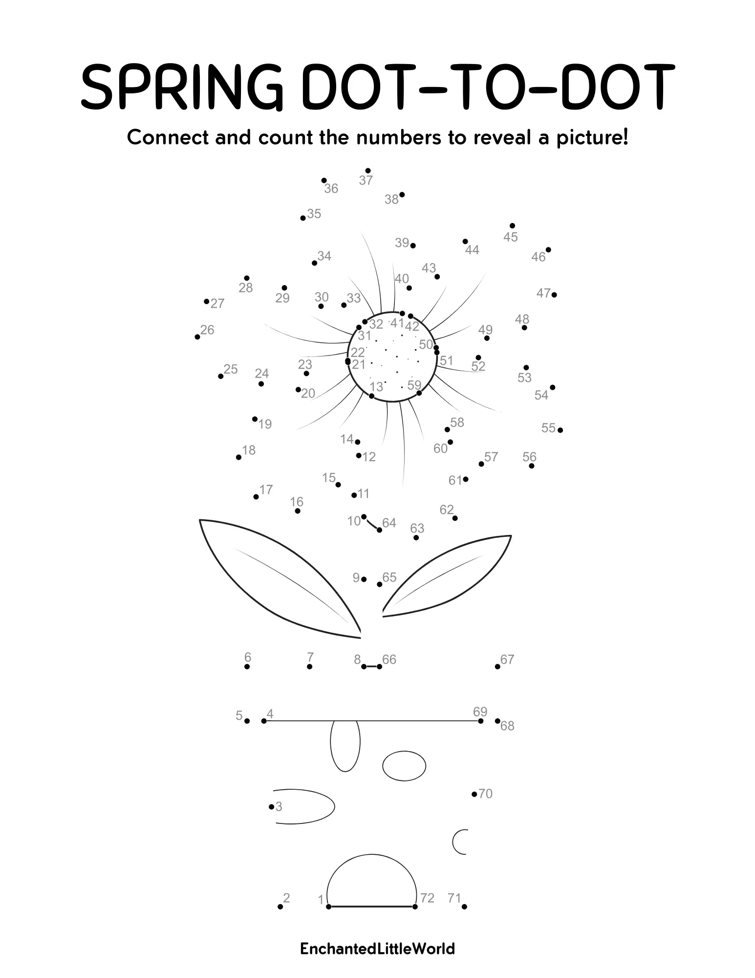 Free-Printable-Spring-Dot-To-Dot A black-and-white spring dot-to-dot worksheet showing a sun and flower pieces to connect