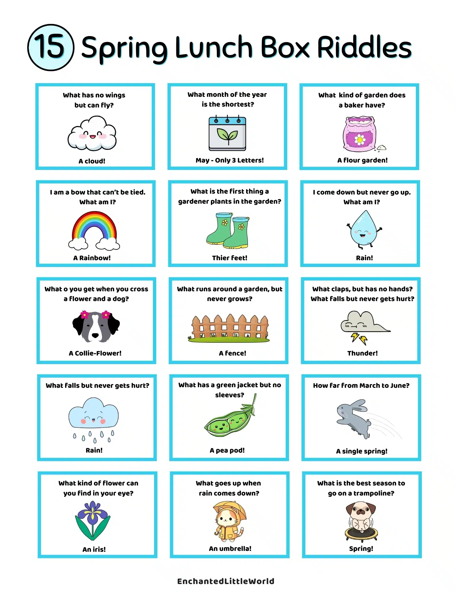 Free-Printable-Spring-Lunch-Box-Riddles-For-Kids Free printable sheet of 15 illustrated flower jokes for kids featuring colorful puns and happy flower characters in a fun lunchbox format