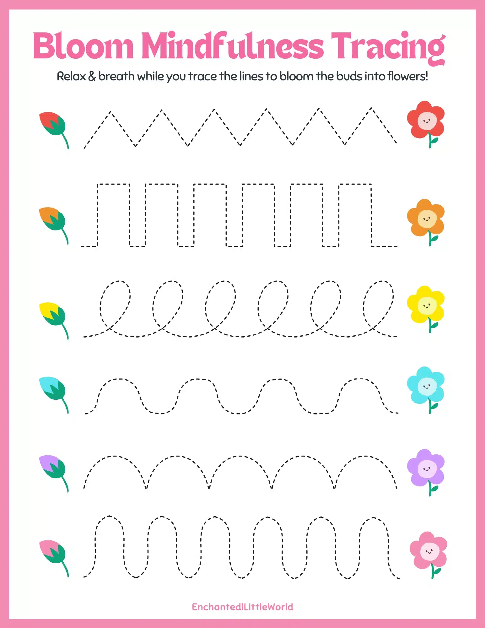 Free-Printable-Spring-Mindfulness-Tracing-For-Kids copy A bright and cheerful Spring mindfulness finger tracing worksheet featuring soft, wavy lines leading to blooming flowers.