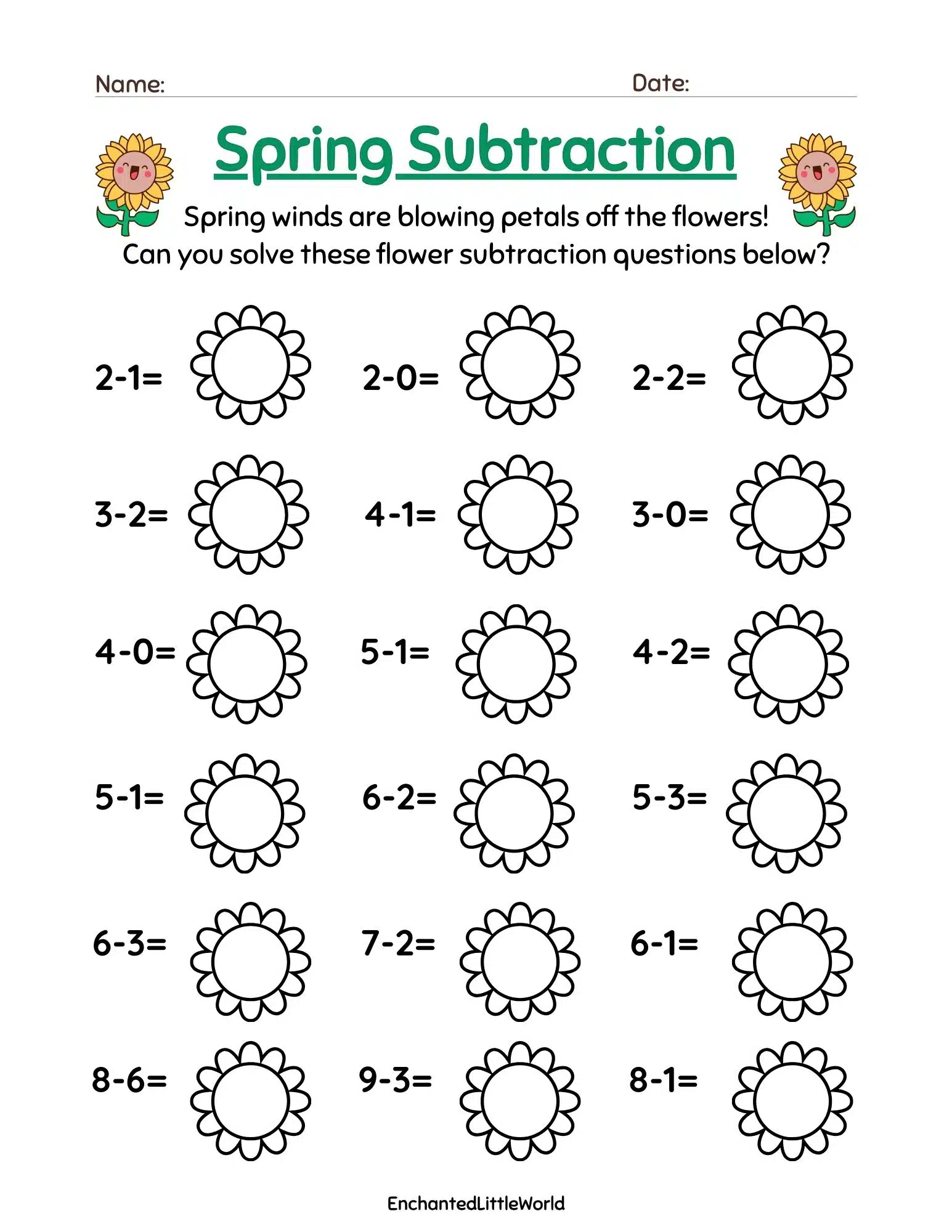 Free-Printable-Spring-Substraction-Worksheet-For-Kids A cheerful Spring-themed subtraction worksheet with math problems inside flower shapes, encouraging kids to practice subtraction in a fun seasonal format.
