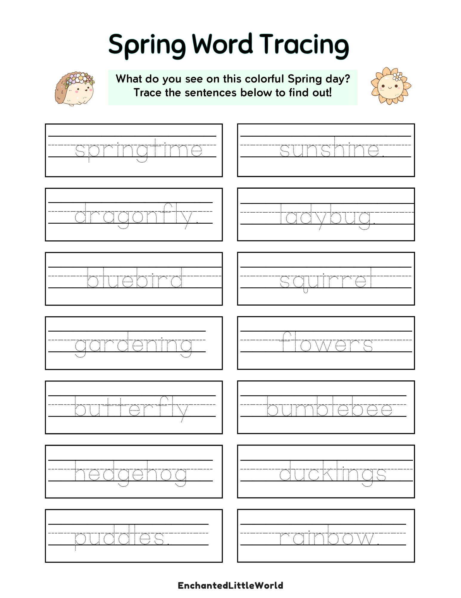 Free-Printable-Spring-Tracing-Words-Worksheet-For-Kids Printable spring tracing worksheet with seasonal words like rainbow, ducklings, and butterfly designed for kids to trace
