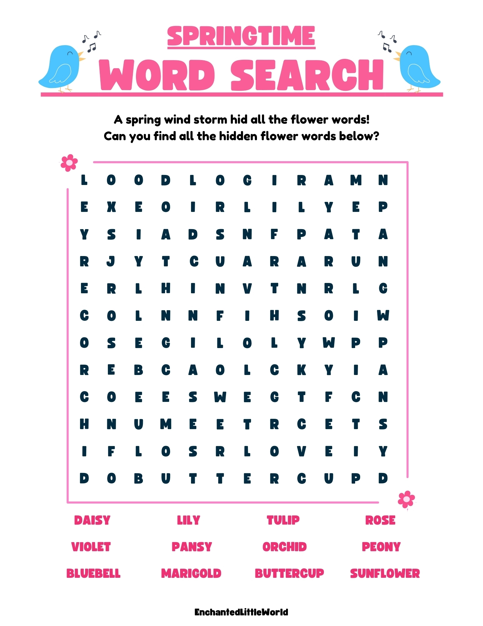 Free-Printable-Spring-Word-Search-For-Kids A colorful spring-themed word search puzzle filled with flower names like Daisy, Tulip, and Sunflower, with a cute bird and flowers at the top of the page.