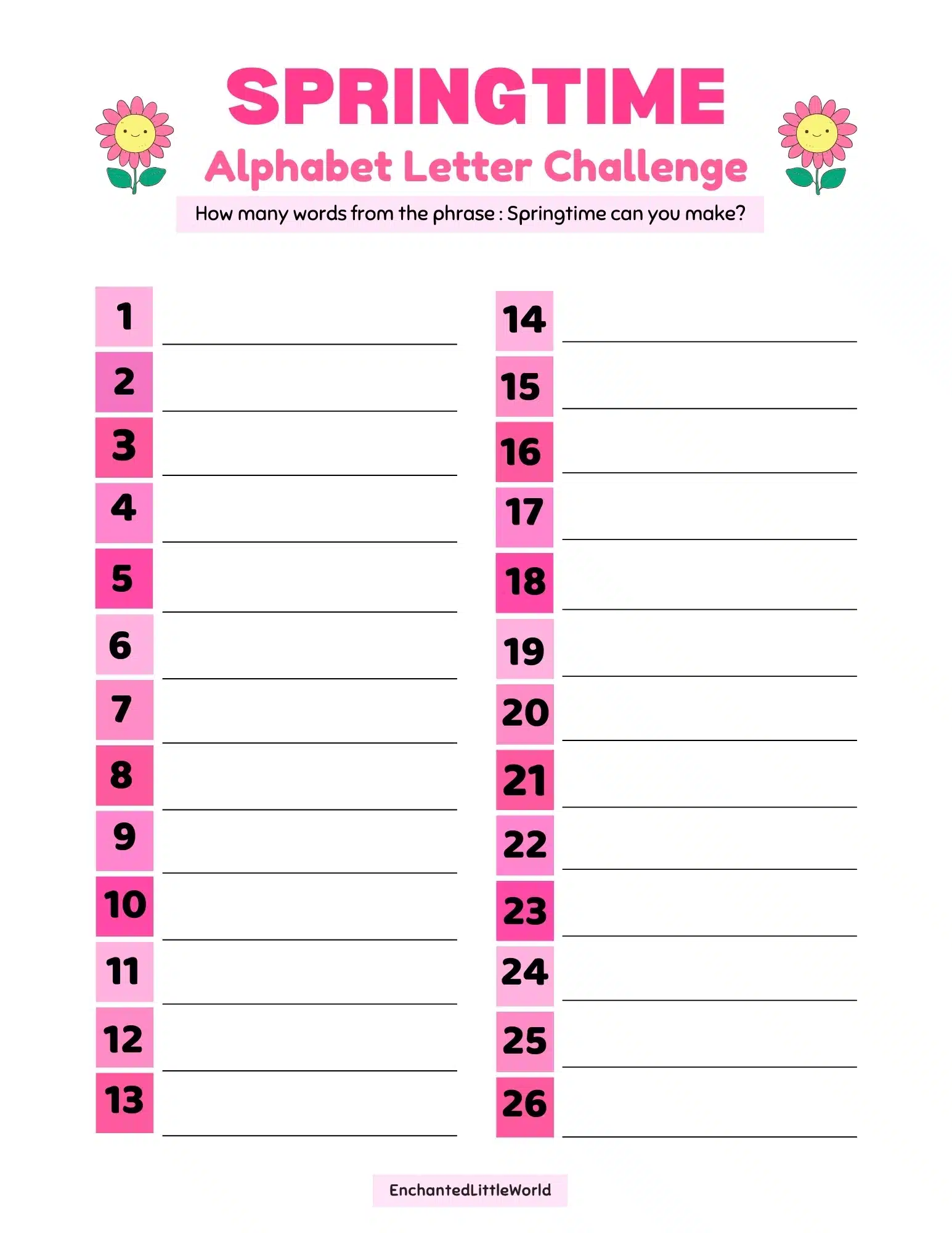 Free-Printable-Springtime-Activity-Worksheet Vertical printable with a cute rainbow and smiling flower clouds beside a printable titled “Springtime Alphabet Letter Challenge” featuring 26 numbered lines for word creation