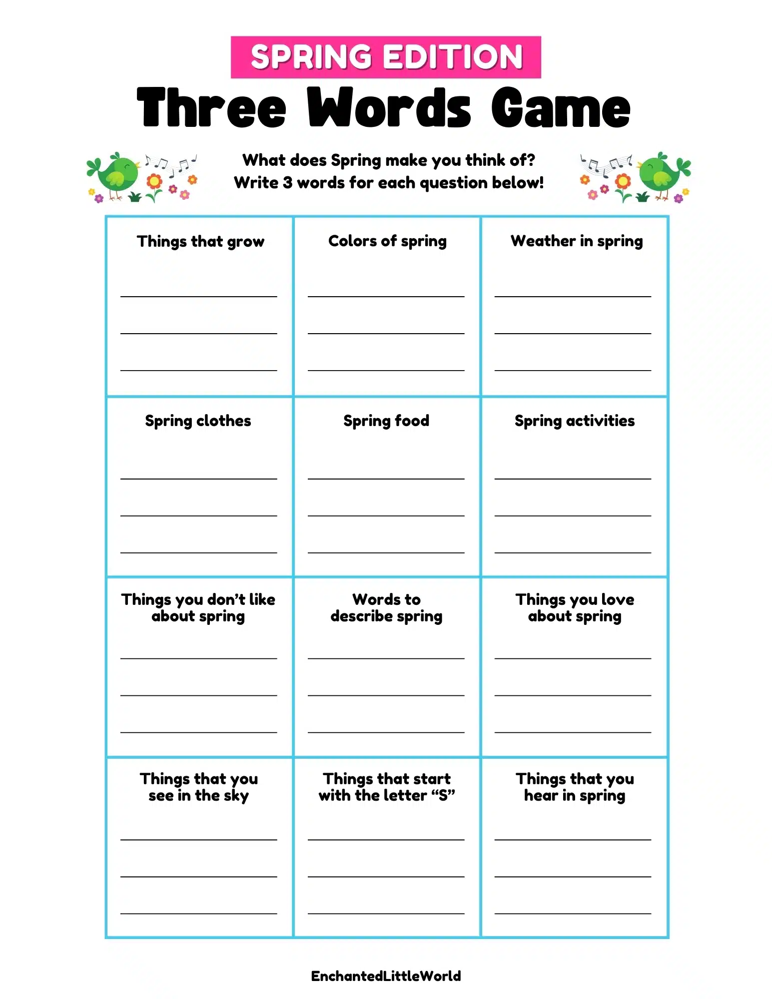 Free-Printable-Three-Words-Spring-Game-For-Kids A vibrant spring writing worksheet that encourages kids to describe the sights, sounds, and smells of spring through fun sentences and drawings. Perfect for the classroom or home!