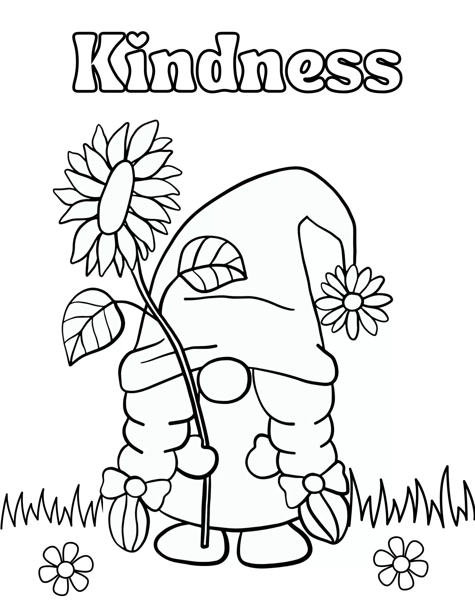 Garden-Gnome-Coloring-Page-1 A cute garden gnome holding a sunflower in the field with the word "Kindness" written above. The gnome is surrounded by small flowers and green grass, with a smiling expression.