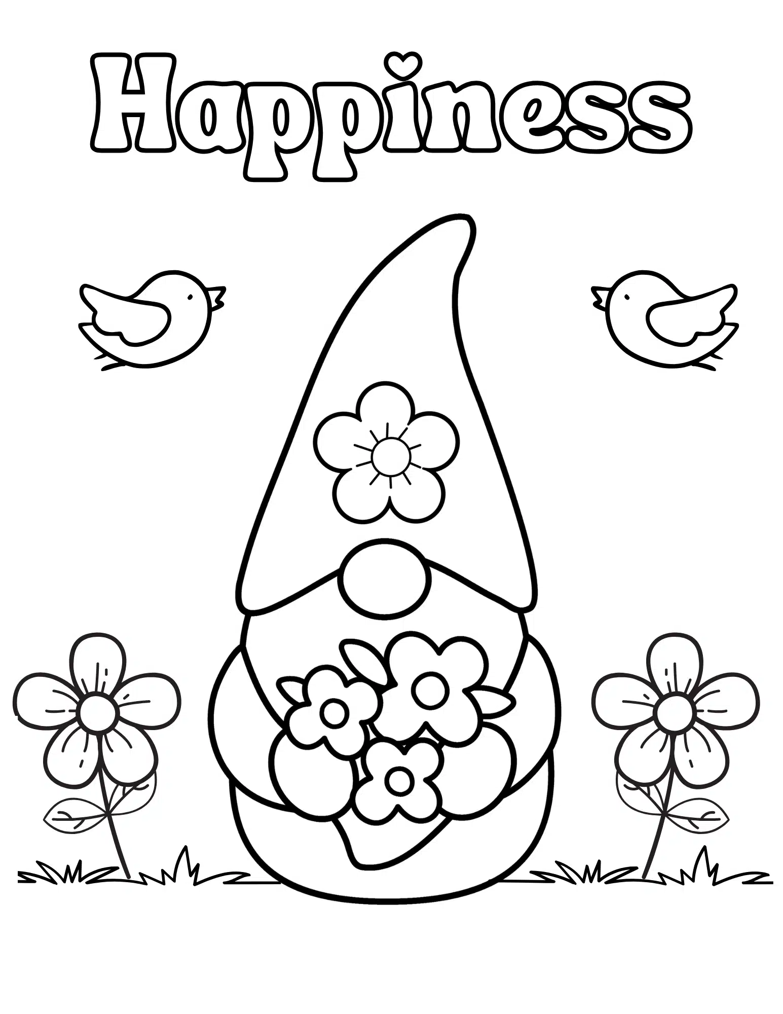 Garden-Gnome-Coloring-Page-2 A joyful garden gnome holding a bouquet of flowers, with birds flying above and the word "Happiness" at the top. Bright flowers and grass fill the scene.
