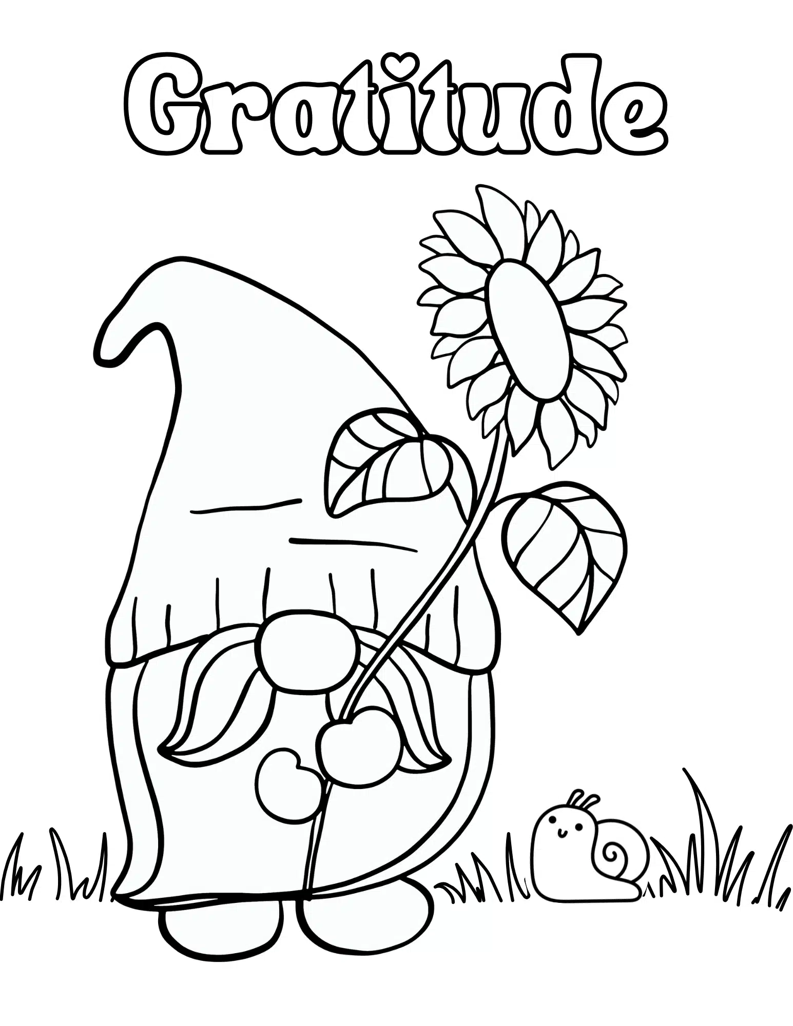 Garden-Gnome-Coloring-Page-3. A garden gnome holding a sunflower with the word "Gratitude" above.