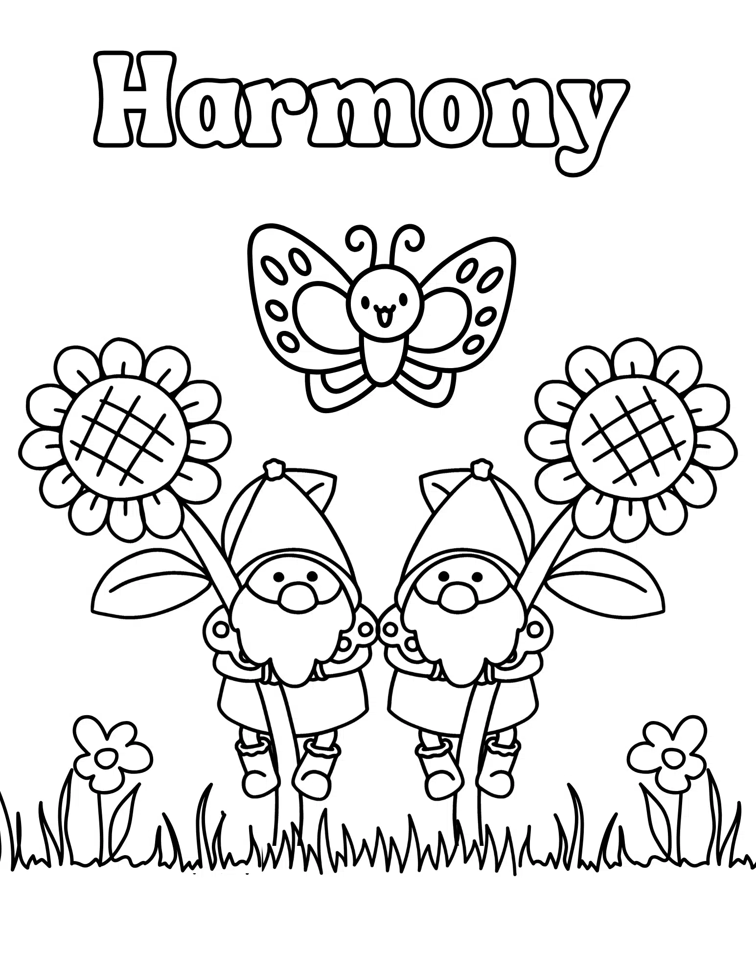 Garden-Gnome-Coloring-Page-4. Two garden gnomes holding sunflowers with "Harmony" at the top.