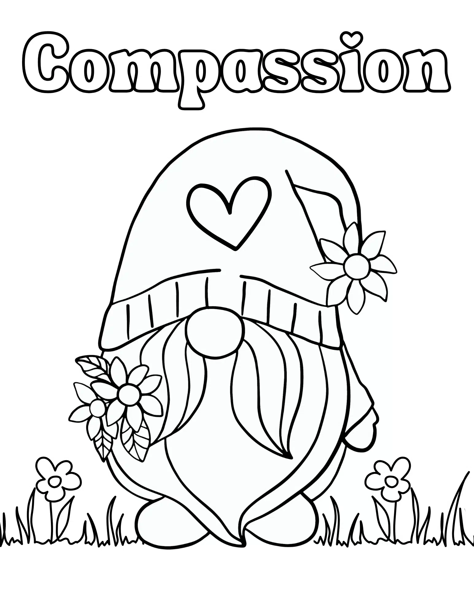 Garden-Gnome-Coloring-Page-5. A garden gnome holding a bunch of flowers, with "Compassion" above.