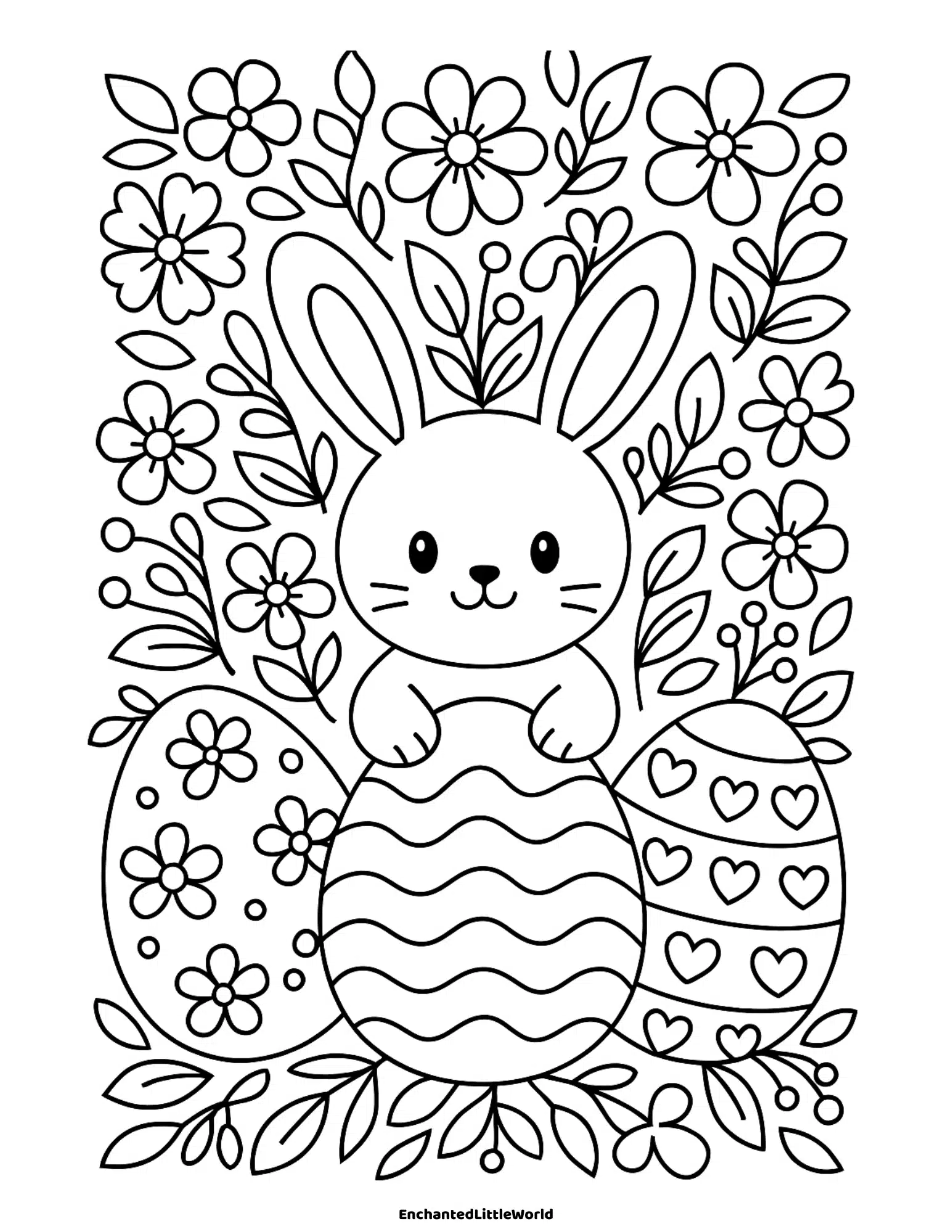 Free-Printable-Cute-Easter-Bunny-Easter-Egg-Coloring-Page vertical image featuring a full-page Easter coloring sheet with a cute bunny holding a large decorated egg covered in hearts and stars, sitting among spring flowers, designed with simple bold lines for easy coloring
