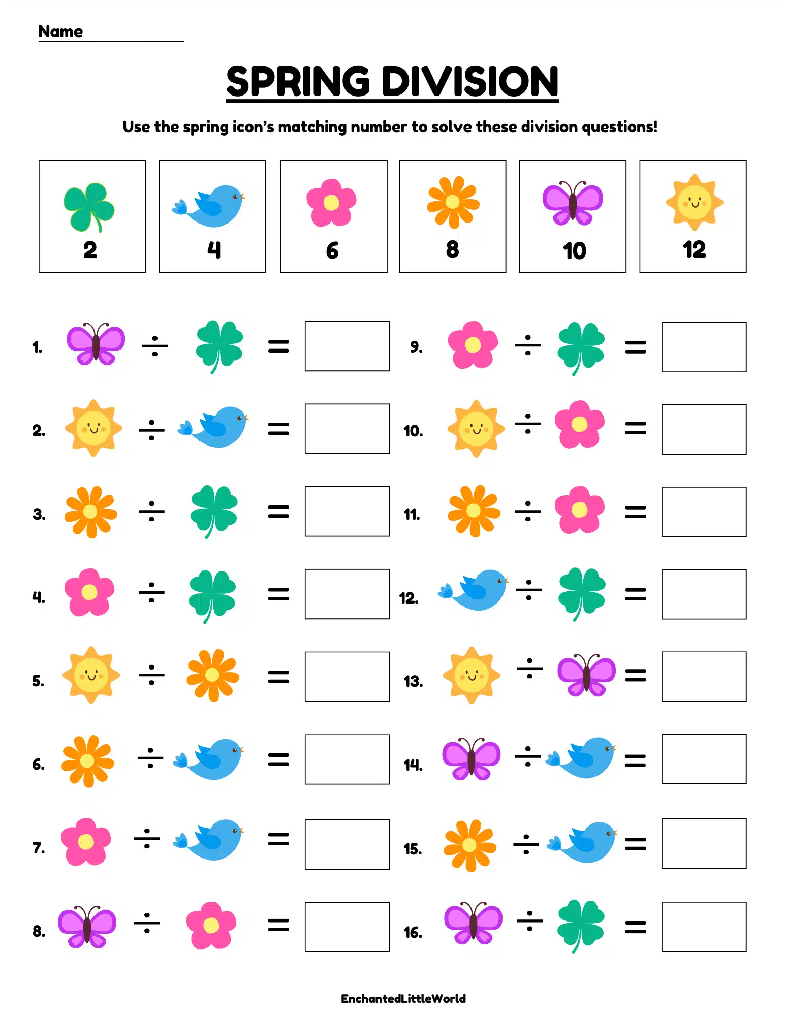 Free-Printable-Division-Spring-Worksheet-For-Kids Spring division worksheet with colorful icons including a butterfly, flower, leaf, bird, and sun used to represent numbers in simple division math problems for kids