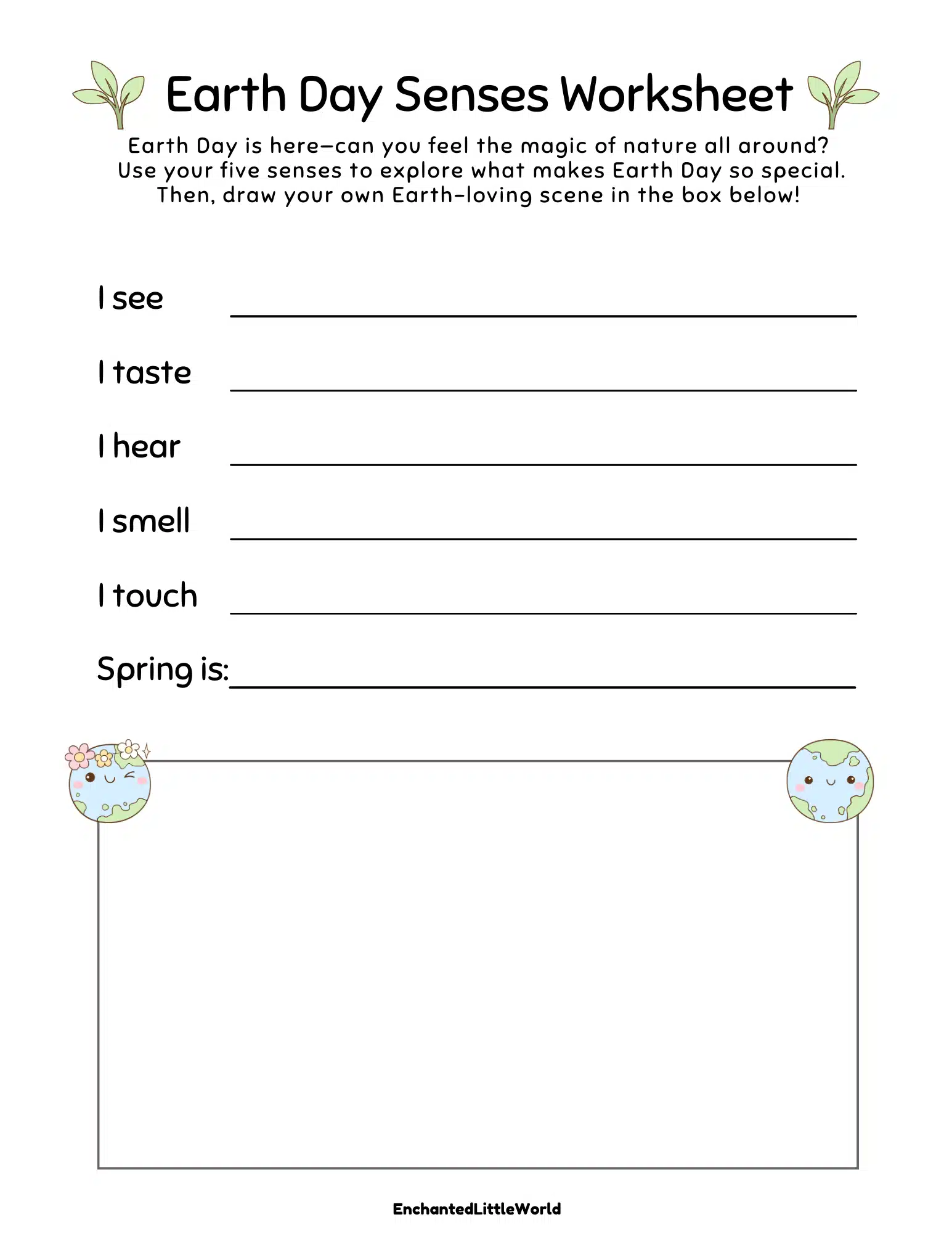Free-Printable-Earth-Day-Worksheets-2 Earth Day senses worksheet with five fill-in-the-blank writing prompts and a drawing section, designed to help children describe nature using sight, sound, touch, taste, and smell.
