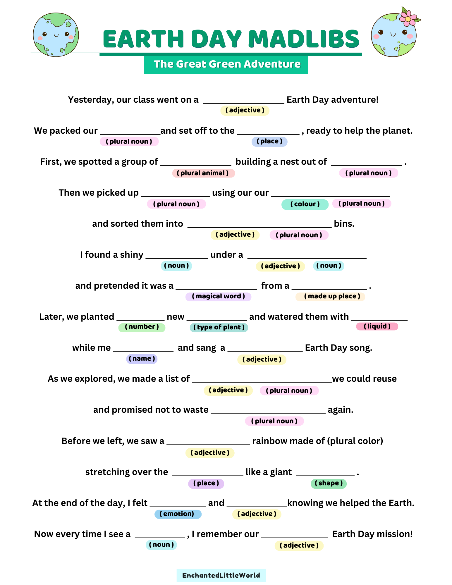 Free-Printable-Earth-Day-Worksheets-4 Vertical Earth Day Mad Libs worksheet with colorful word cues for kids to fill in blanks creatively