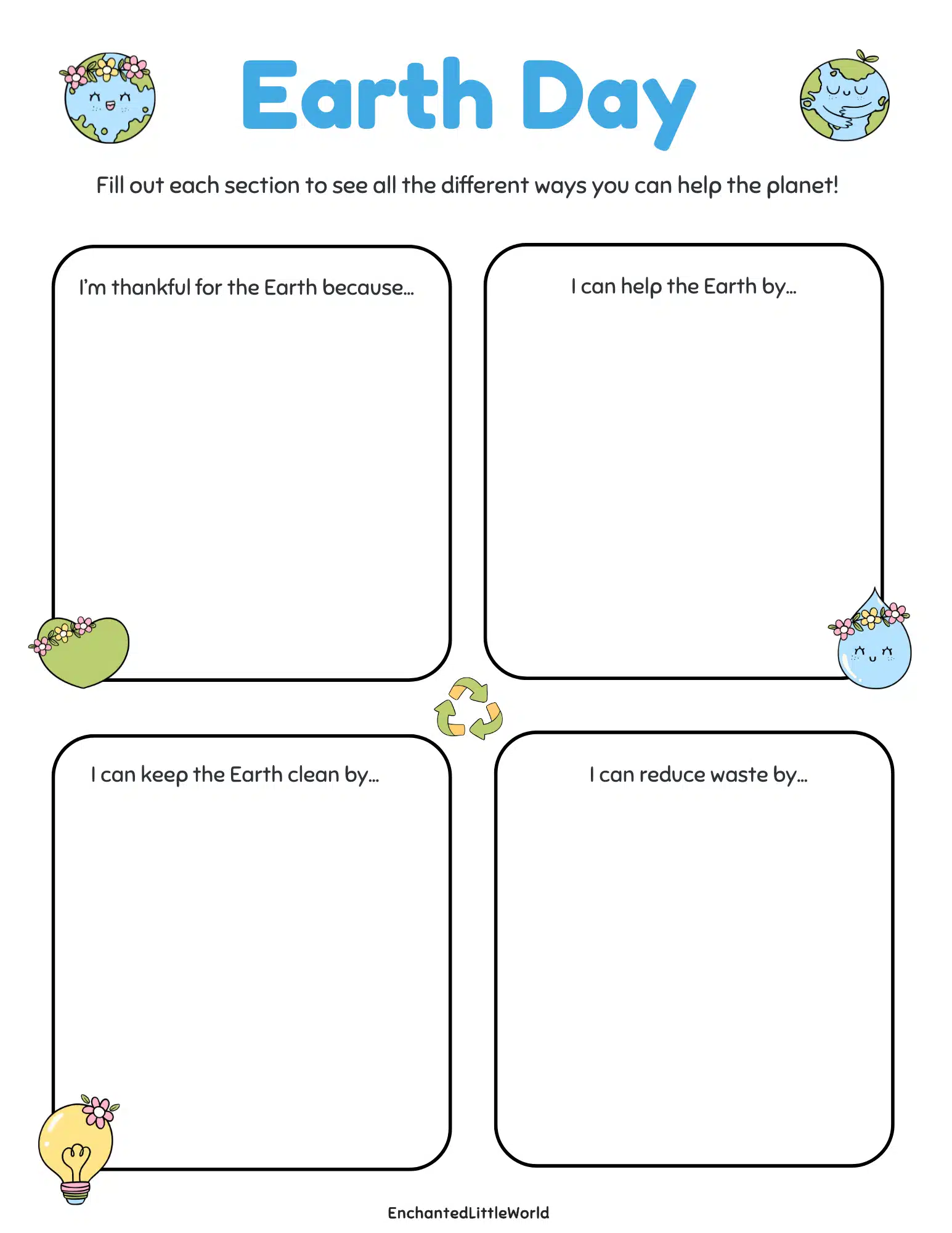 Free-Printable-Earth-Day-Worksheets-1 Earth Day worksheet printable with four writing prompts and cute planet-themed accents for kids 🌍✏️