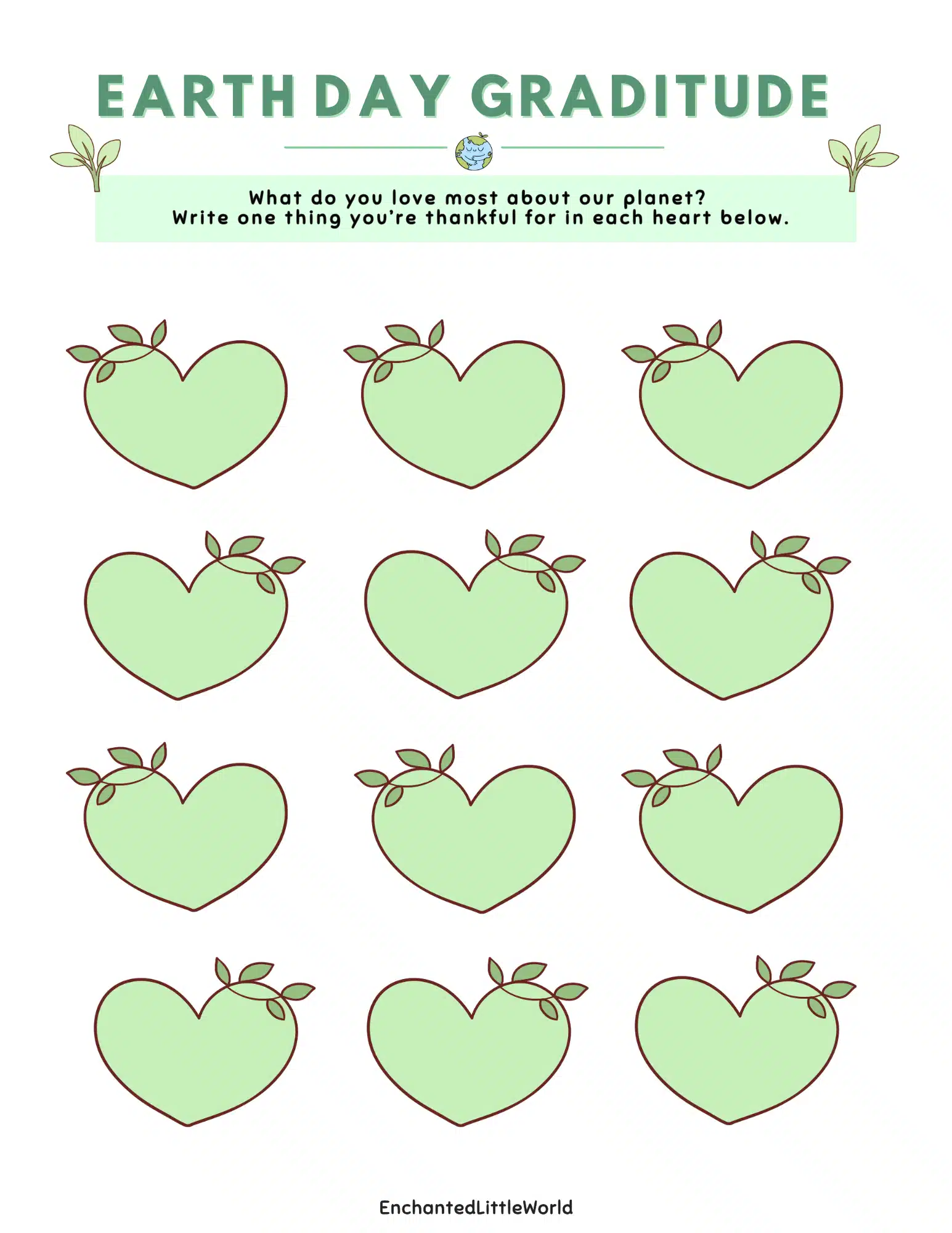 Free-Printable-Earth-Day-Worksheets-7 Earth Day gratitude worksheet with 12 green hearts and space to write reflections