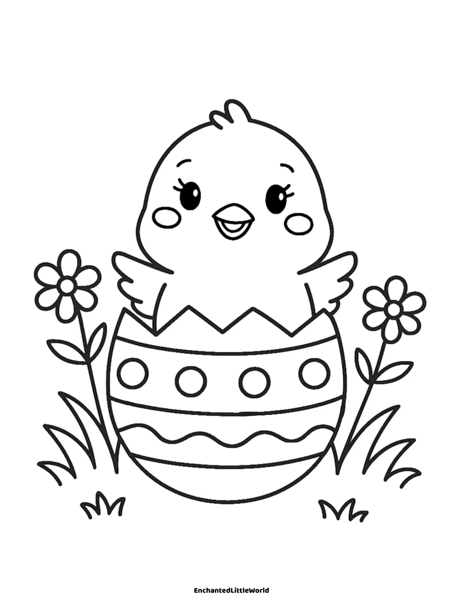 Free-Printable-Easter-Coloring-Pages-For-Preschool-Chick-Eggshell Black-and-white unicorn coloring page with bold lines featuring a magical unicorn with a floral mane, cloud background, and the phrase "Spring is Magical!"