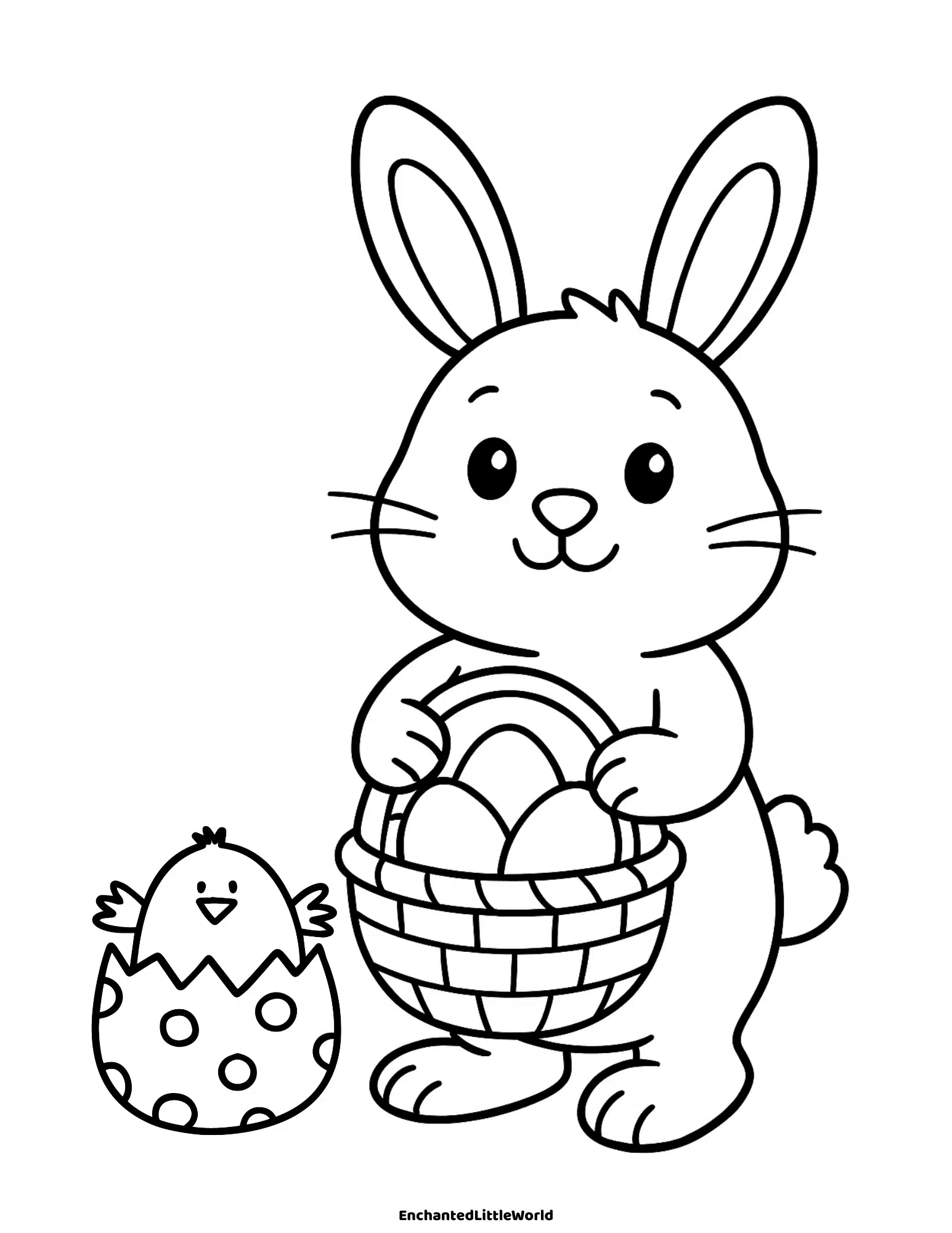 Free-Printable-Easter-Coloring-Pages-For-Preschool-Easter-Bunny-And-Chick Free Easter printable. adorable bunny holding basket of Easter eggs next to happy hatching chick printable coloring page.