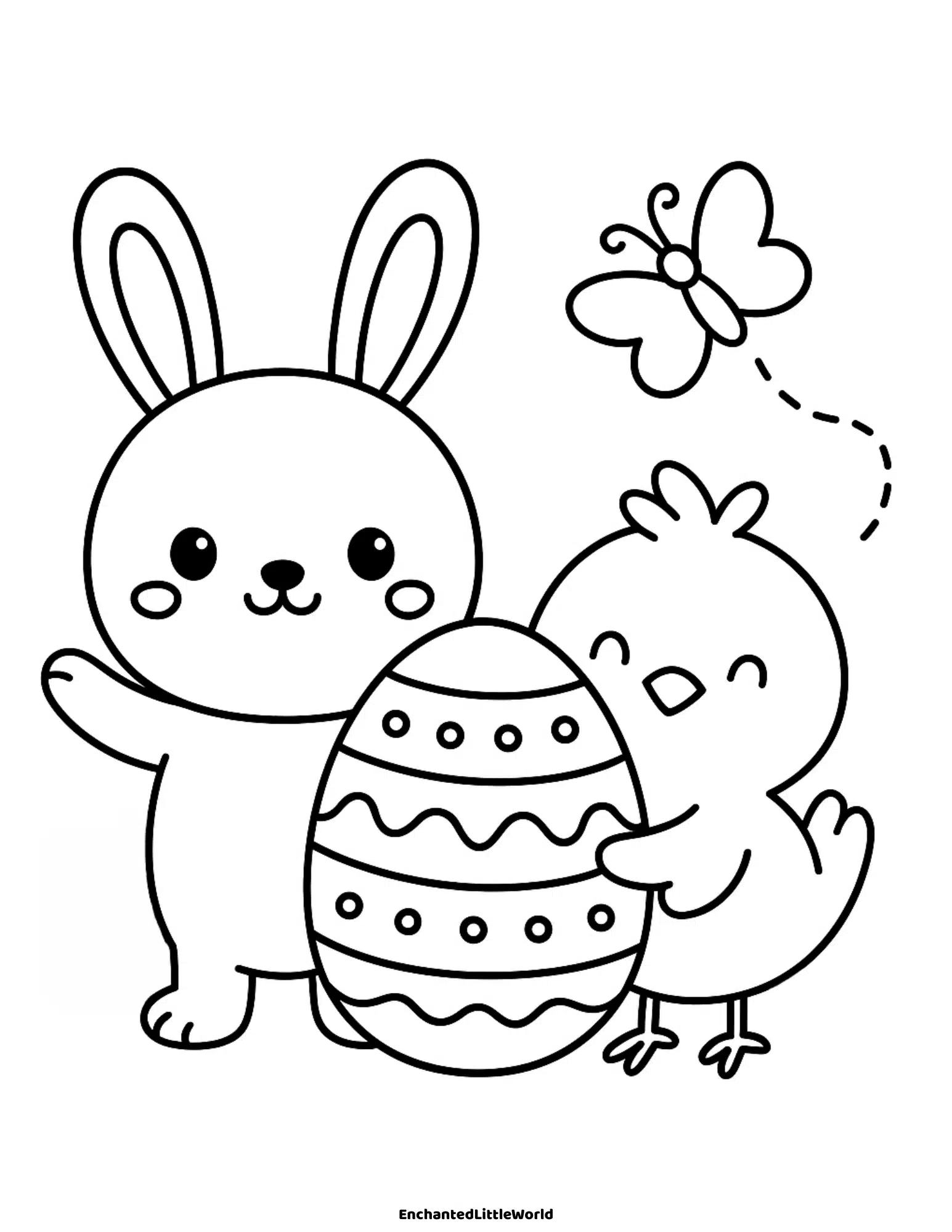Free-Printable-Easter-Coloring-Pages-Simple-Easter-Bunny Happy cartoon bunny with a bow sitting beside a basket of colorful eggs and a chick, with a free printable coloring version on the right side