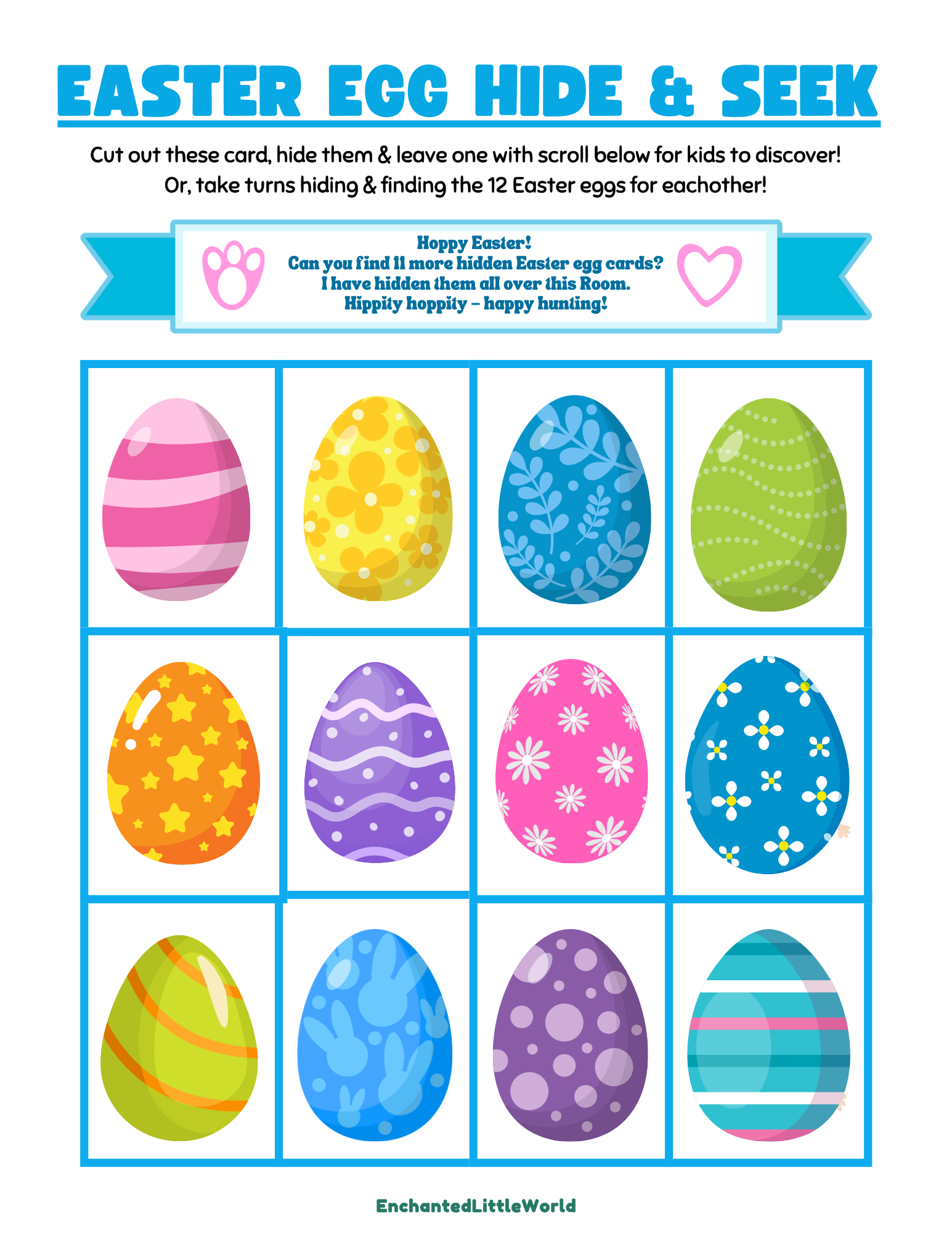Free-Printable-Easter-Egg-Game-For-Kids  bright and colorful Easter printable featuring 12 unique decorated Easter eggs with patterns like stars, polka dots, and flowers arranged in a 3x4 grid layout, along with an encouraging Easter message inviting children to hide and seek the egg cards in a playful game, making it a fun and engaging indoor Easter activity for kids using a free printable game sheet