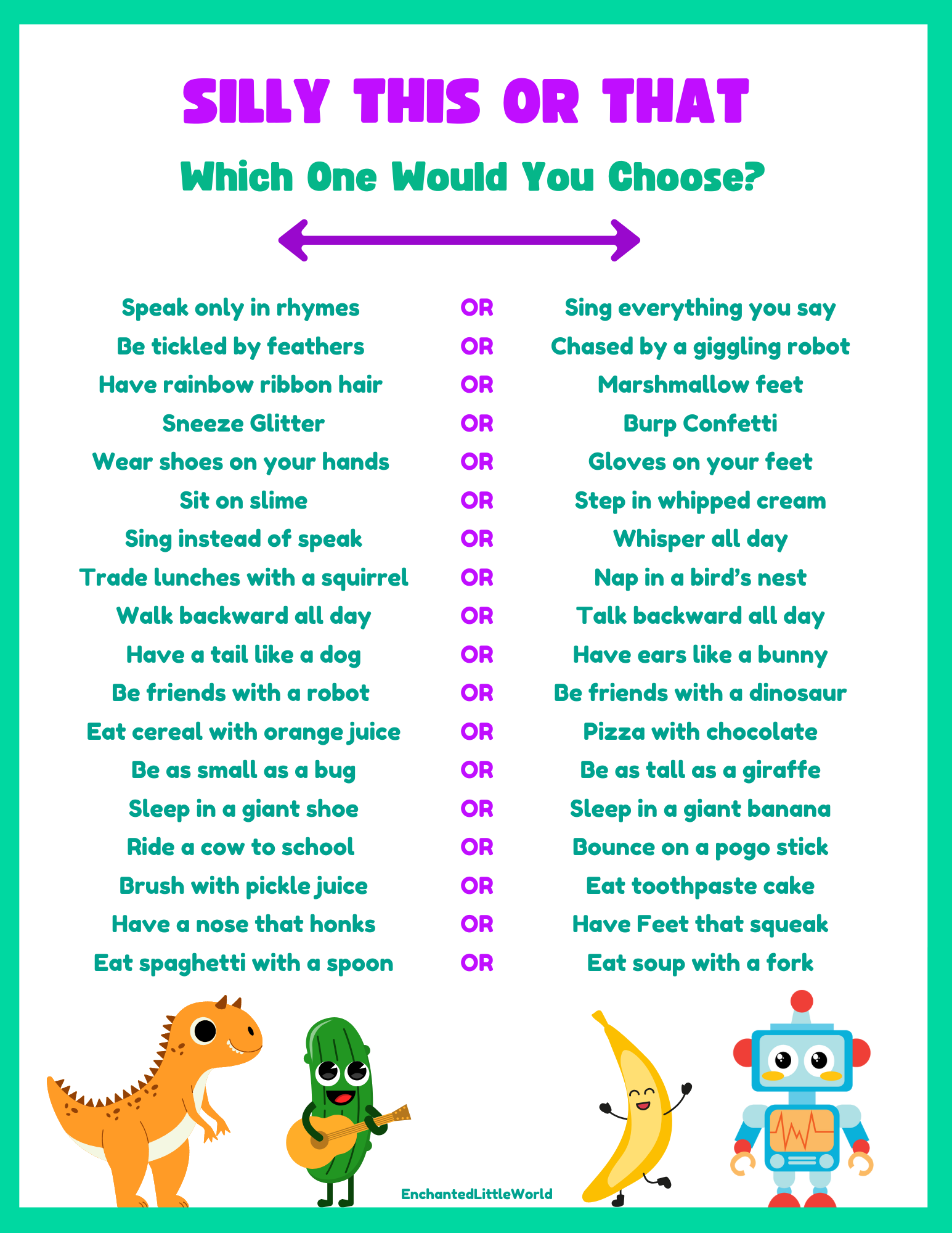 Free-Printable-Silly-Would-You-Rather-Questions-For-Kids Free printable Would You Rather questions for kids featuring silly choices like sneezing glitter or burping confetti, laid out in a colorful game board format with fun illustrations.