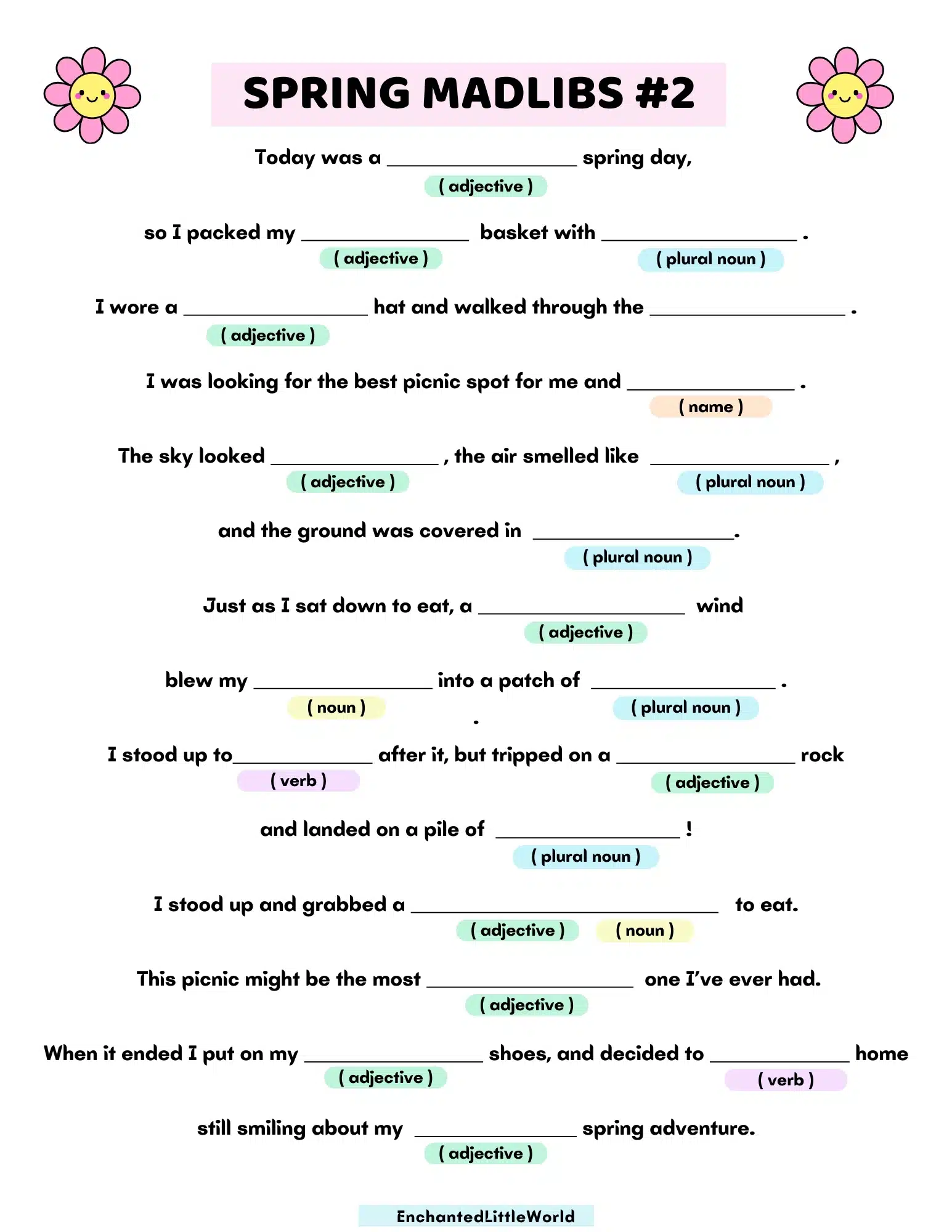 Free-Printable-Spring-Mad-Libs-For-Kids-2 A colorful Spring Mad Libs activity sheet with playful flower graphics at the top, surrounded by vibrant pastel colors and empty spaces to fill in. The sheet features fill-in-the-blank prompts, encouraging kids to add their own nouns, adjectives, and verbs to create a funny spring-themed story.