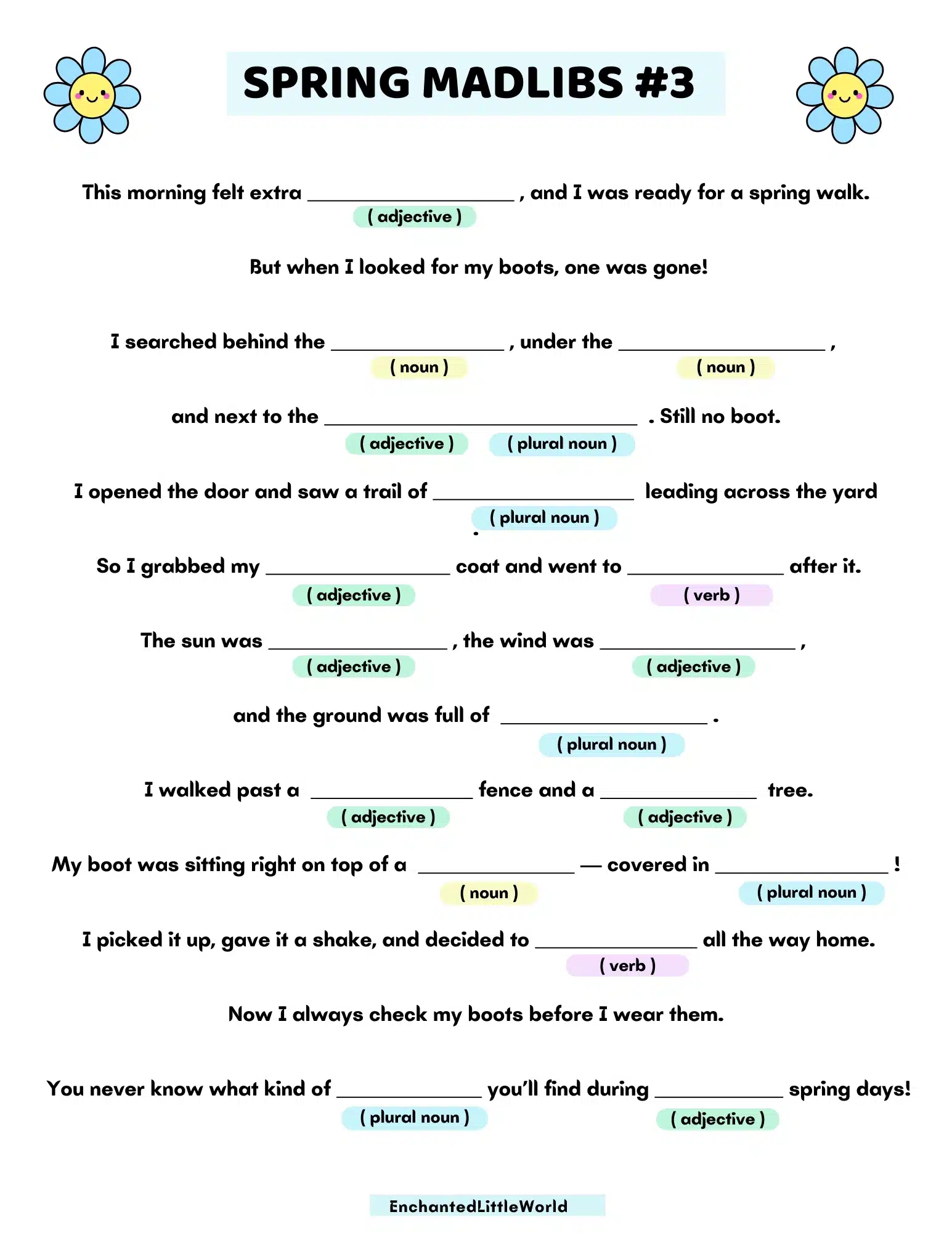 Free-Printable-Spring-Mad-Libs-For-Kids-3 A fun spring-themed Mad Libs worksheet for kids featuring fill-in-the-blank sentences with color-coded parts of speech like nouns, verbs, and adjectives