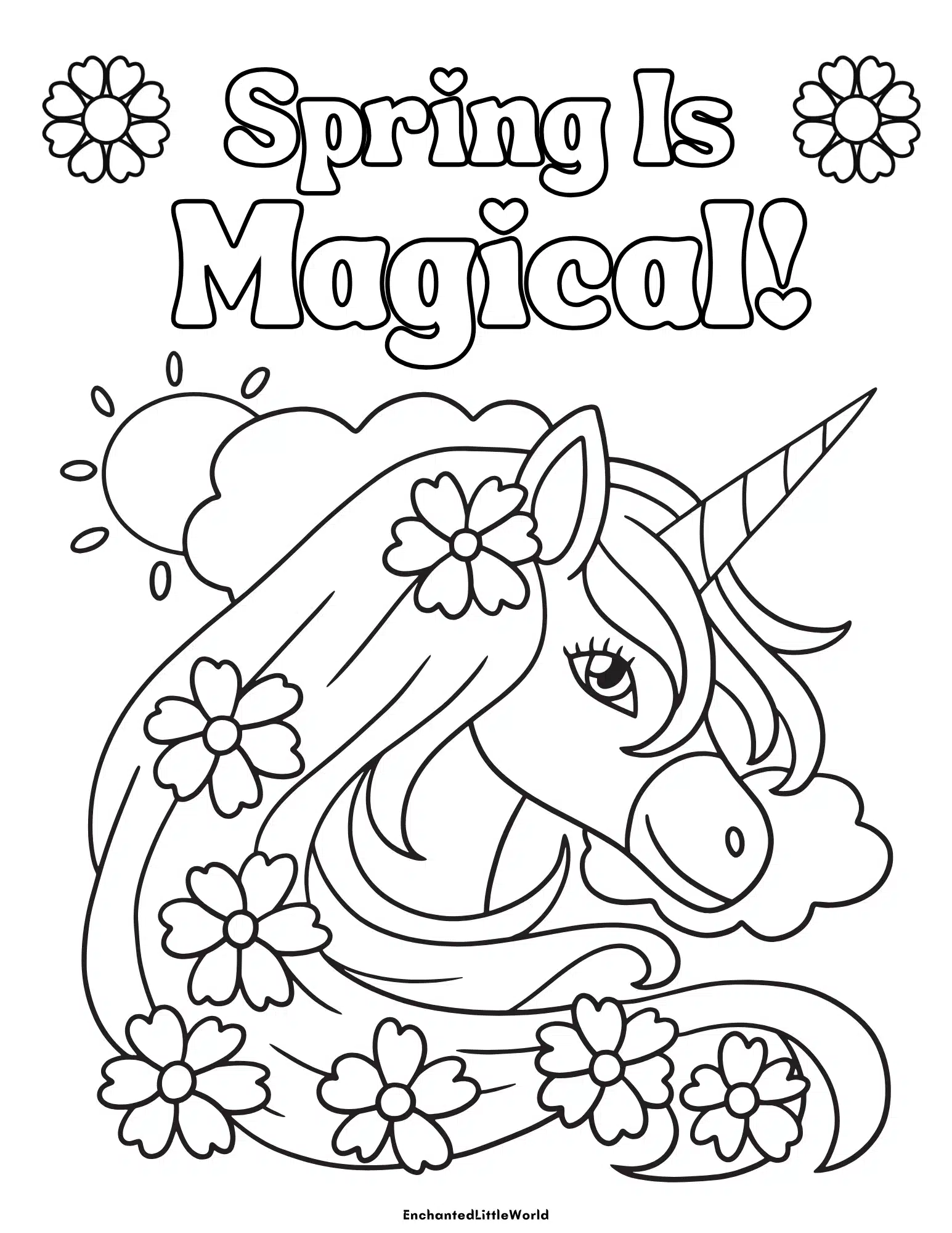 Free-Printable-Unicorn-Flower-Coloring-Sheet Black-and-white unicorn coloring page with bold lines featuring a magical unicorn with a floral mane, cloud background, and the phrase "Spring is Magical!"