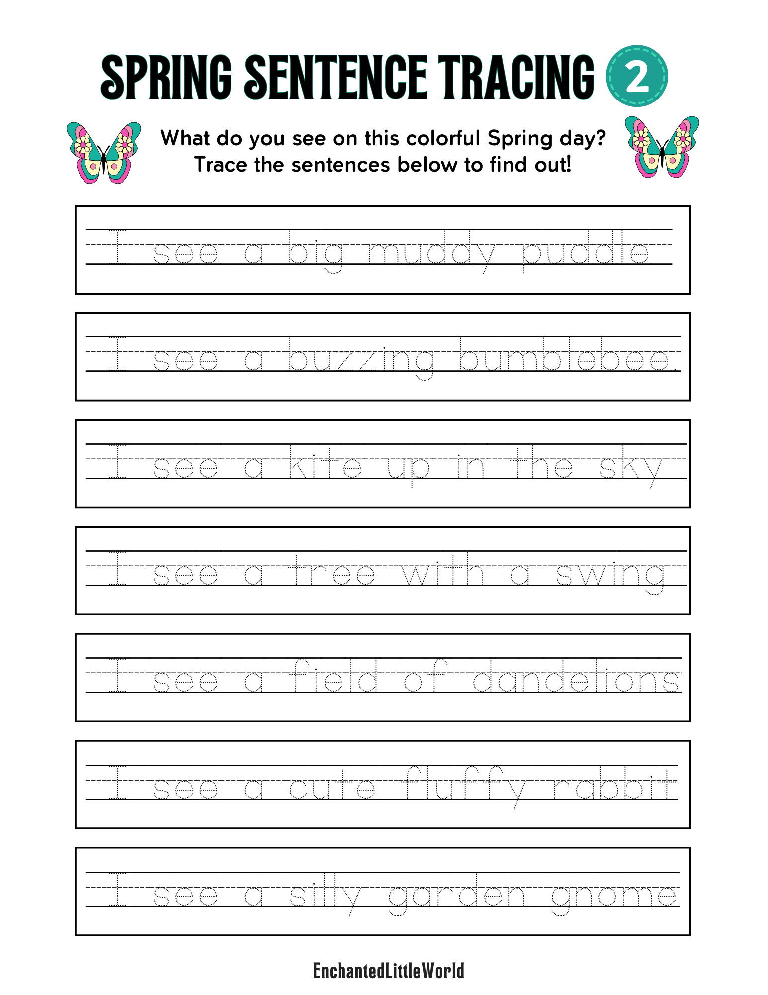 Sentence-Tracing-Spring-Worksheet-For-Kids-Free-Printable : A colorful Spring sentence tracing worksheet for kids featuring sentences to trace about a bright spring day, including words like "bright blue sky" and "yellow sun."