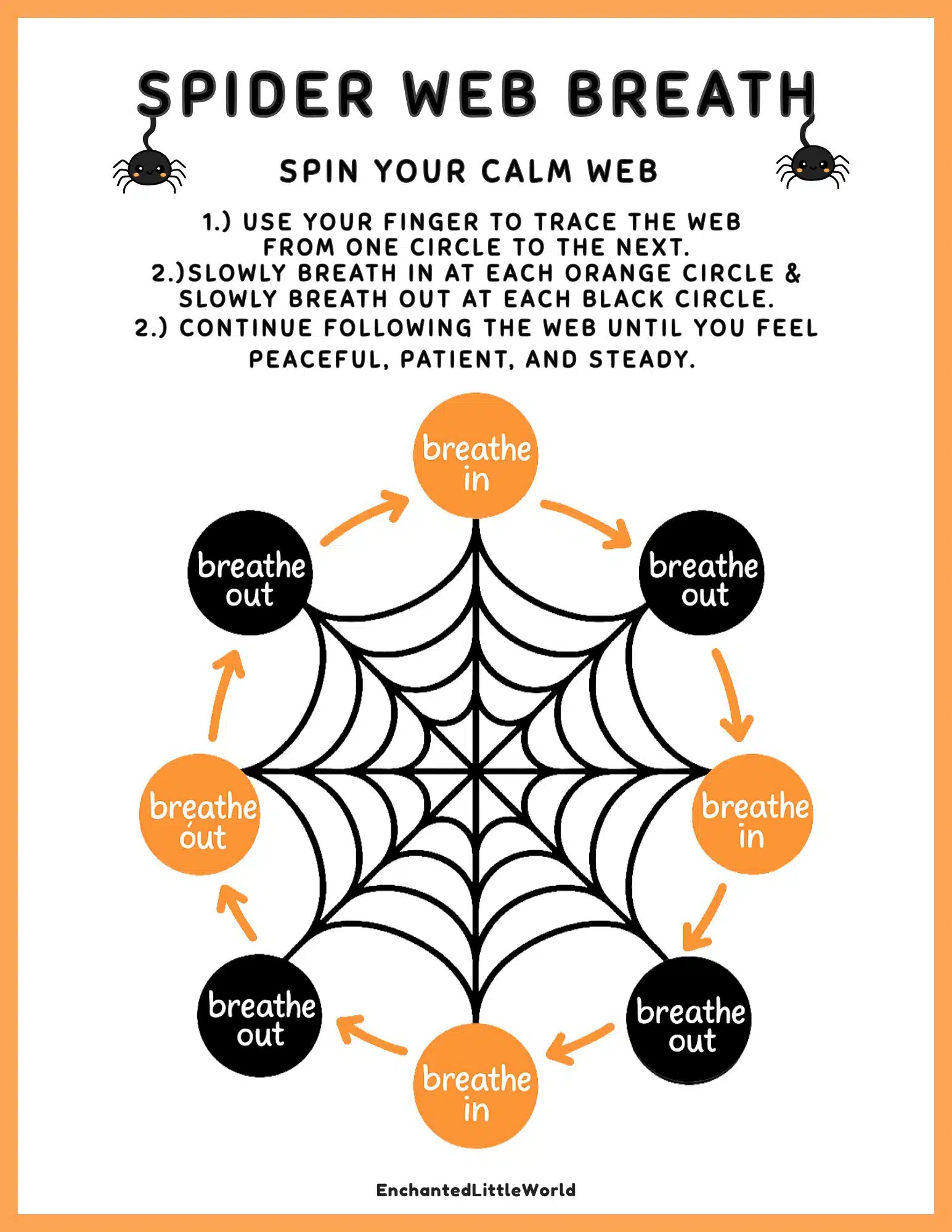 Spider-Mindfulness-Exercise-For-Kids-Free-Printable Spider Web Mindfulness Breathing Exercise printable for kids, encouraging calm and focus with a fun Halloween-themed breathing technique.