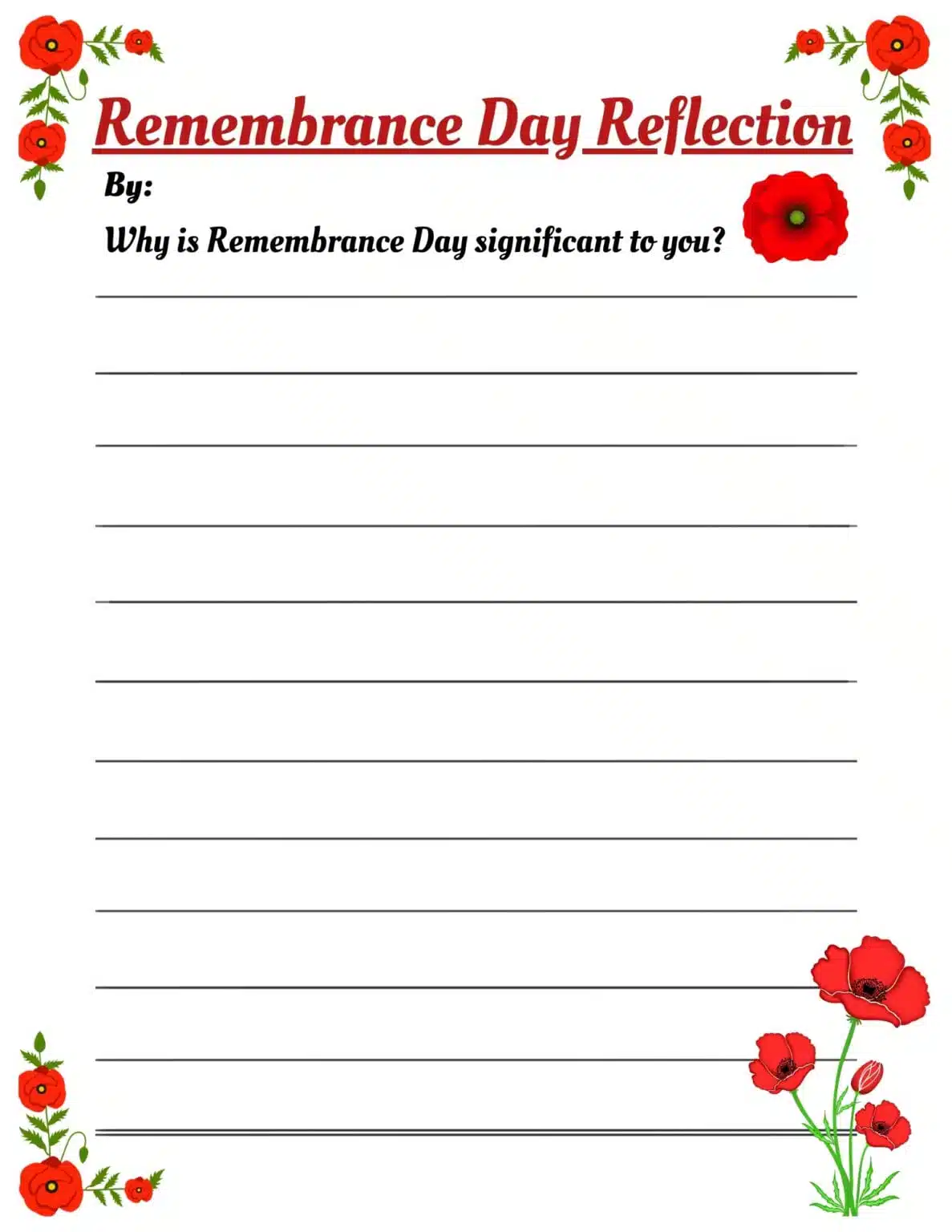 Free-Printable-Remembrance-Day-Reflection-Worksheet-For-Kids-1187x1536.jpg Free Poppy Day Reflection Worksheet for kids, featuring poppy illustrations and a writing prompt about the significance of Remembrance Day. 🎖️