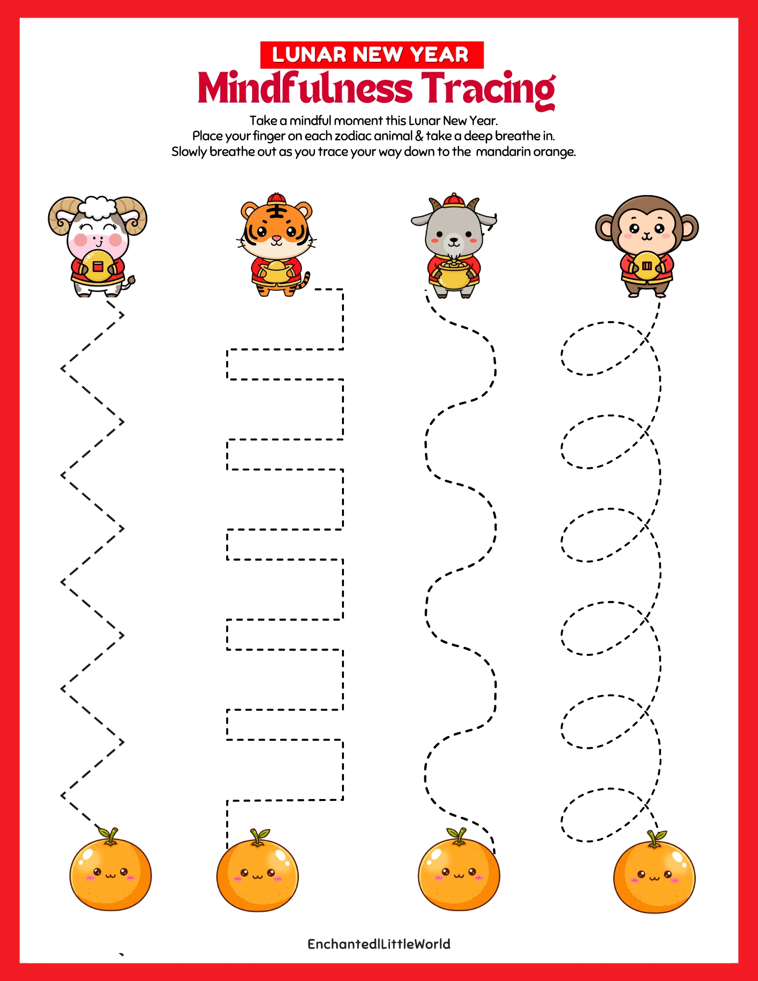 Free-Chinese-New-Year-Mindfulness-Activity-For-Kids A high-resolution vertical preview of the Free Printable Lunar New Year 2026 Year of the Horse worksheet from Enchanted Little World. The image shows a bright red and gold writing prompt page featuring a charming horse character and traditional Chinese lanterns. It highlights the value of this high-quality educational resource for kids, emphasizing how easy it is to download and print for classroom or home celebrations with no sign-up required.