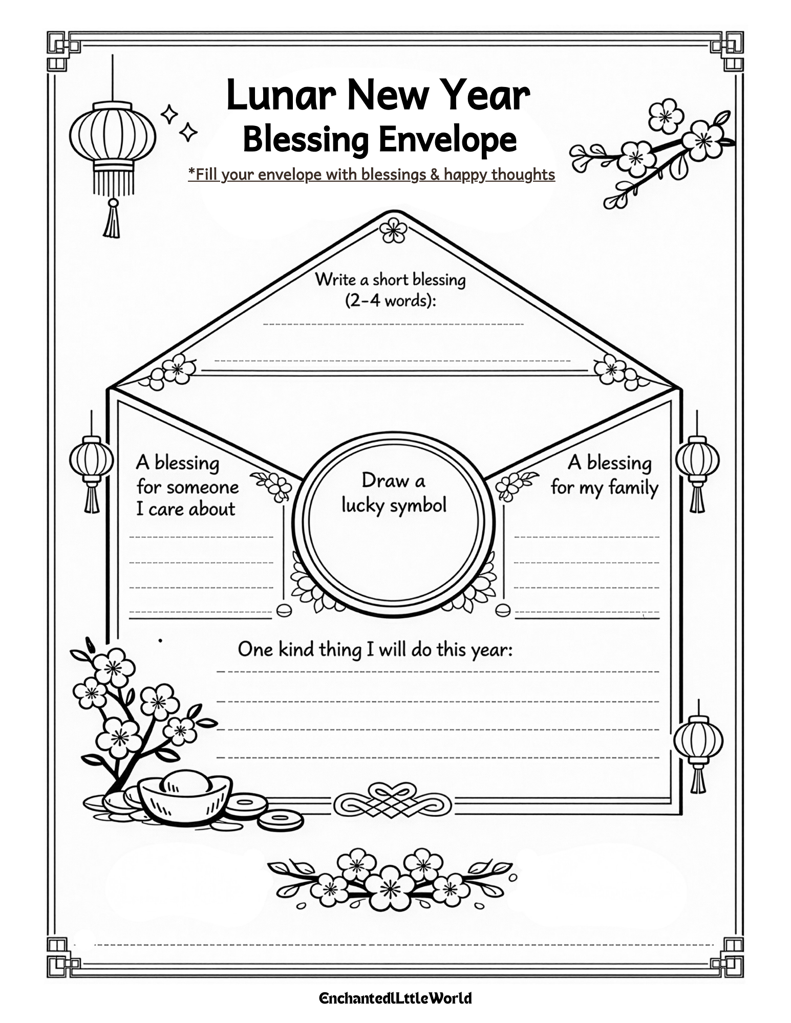 Free-Lunar-New-Year-SEL-Worksheet A high-resolution vertical preview of the Free Printable Lunar New Year 2026 Year of the Horse worksheet from Enchanted Little World. The image shows a bright red and gold writing prompt page featuring a charming horse character and traditional Chinese lanterns. It highlights the value of this high-quality educational resource for kids, emphasizing how easy it is to download and print for classroom or home celebrations with no sign-up required.